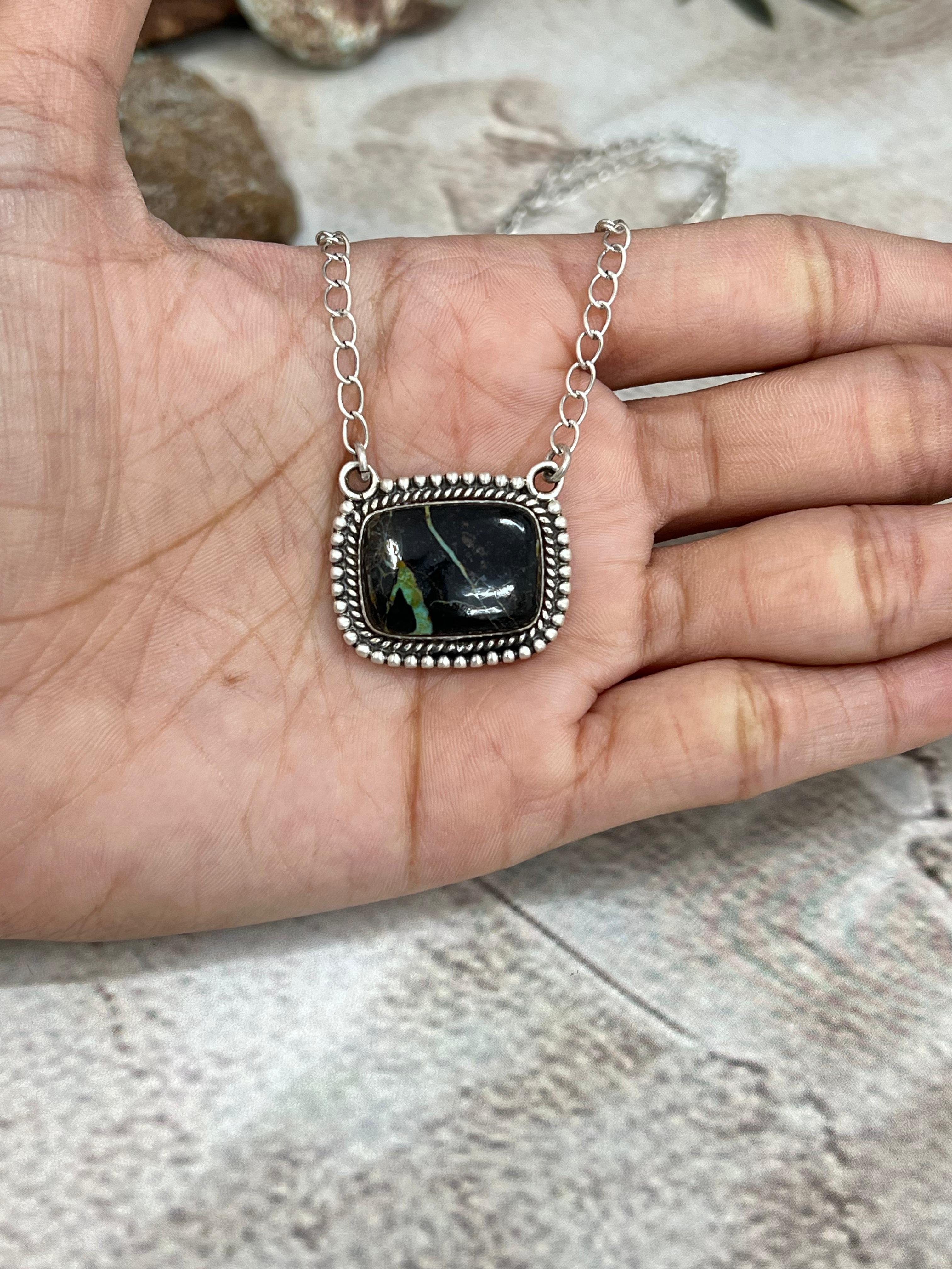 Handmade Sterling Silver Blackjack Turquoise Necklace Signed Nizhoni