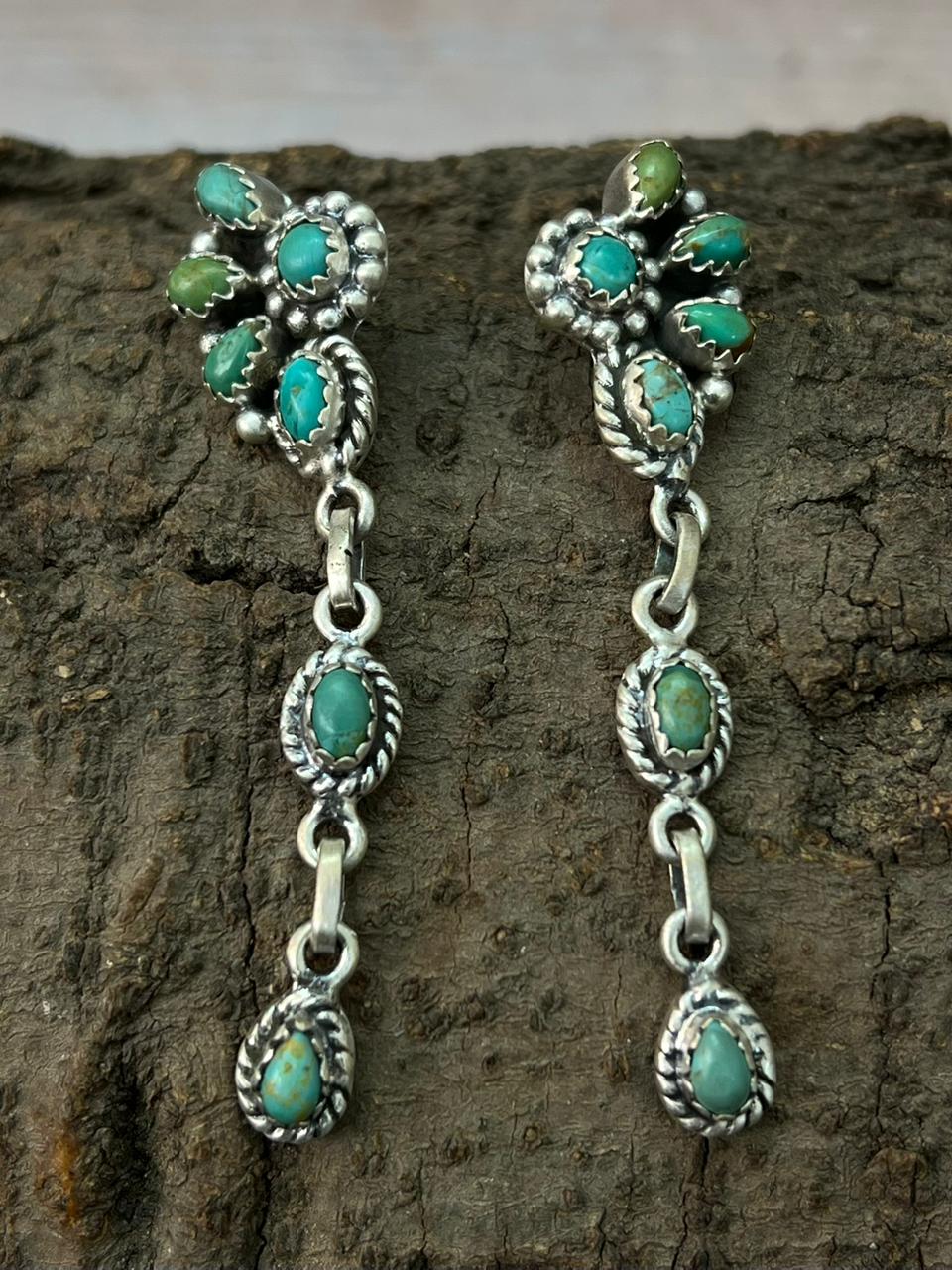 Handmade Sterling Silver Kingman Turquoise Post Dangle Earrings "Signed Nizhoni"