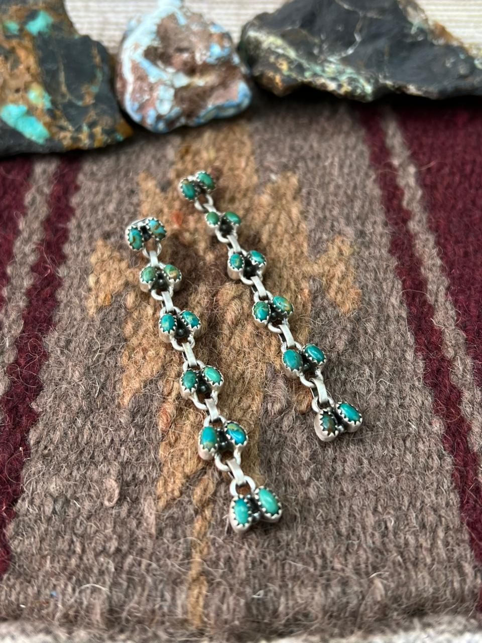 Handmade Sterling Silver Kingman Turquoise Post Dangle Earrings "Signed Nizhoni"