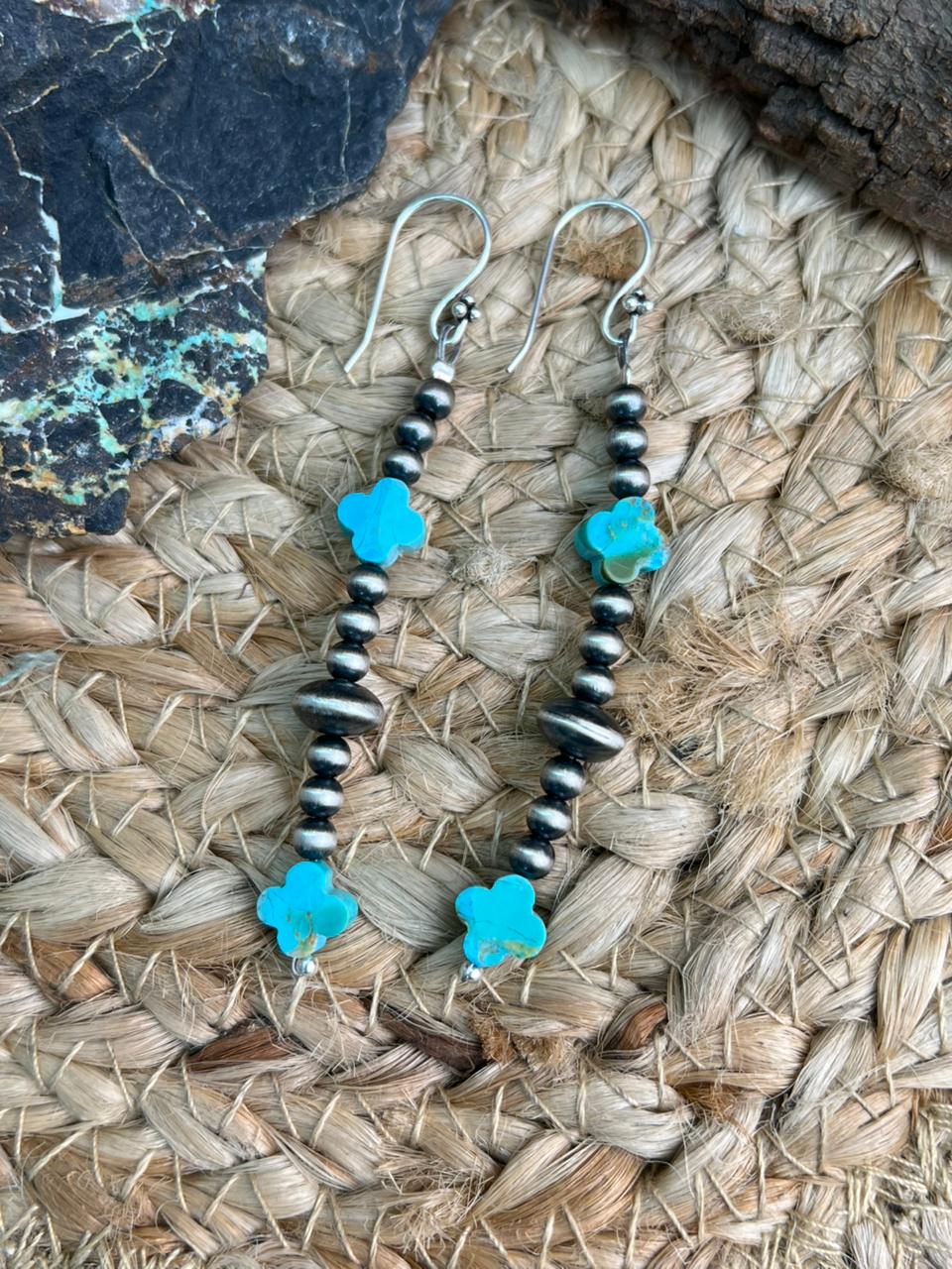 Handmade Sterling Silver Beaded Kingman Turquoise Hook Dangle Earrings