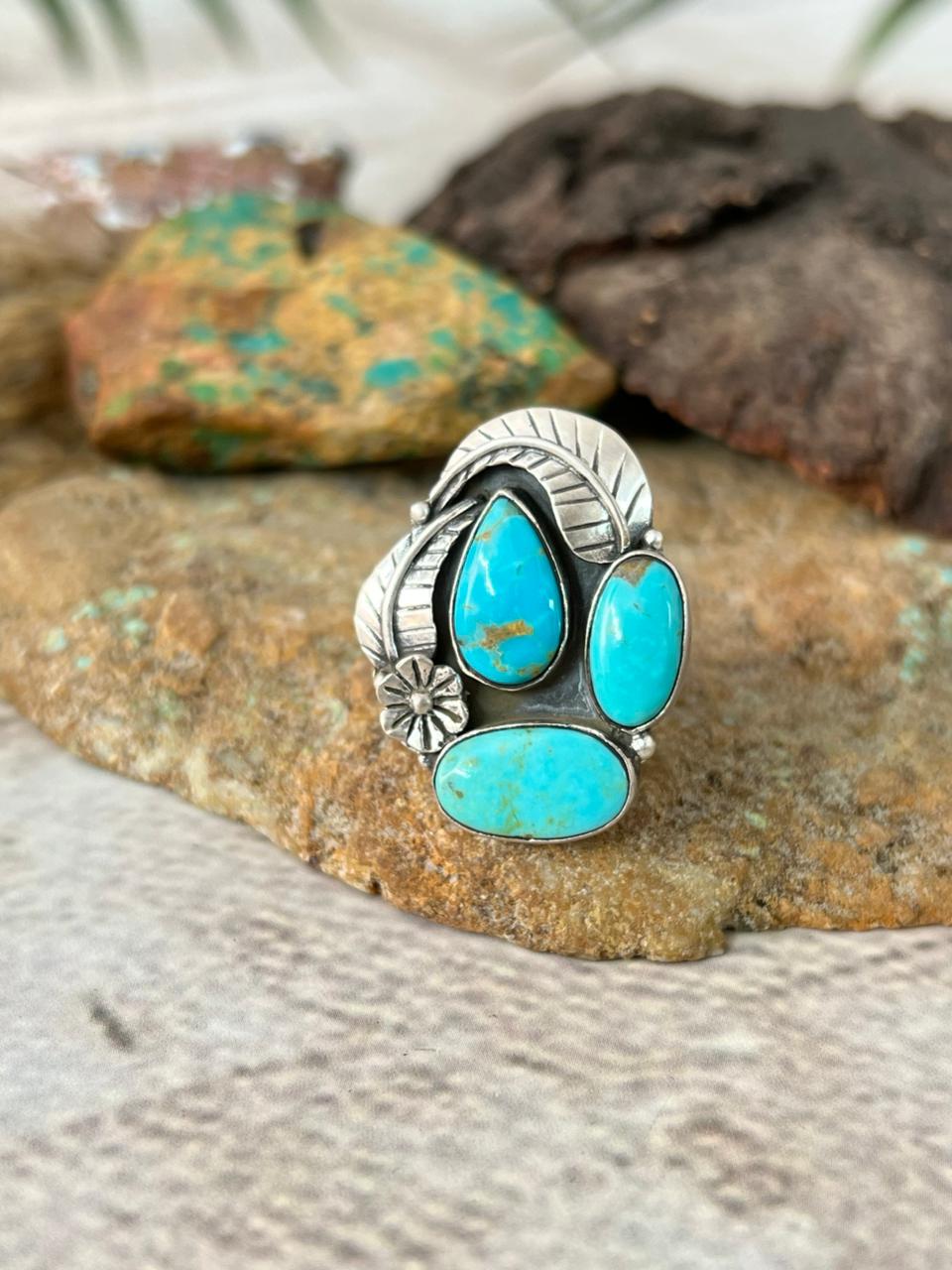 Handmade Sterling Silver Santa Maria Turquoise Adjustable Ring "Signed Nizhoni"