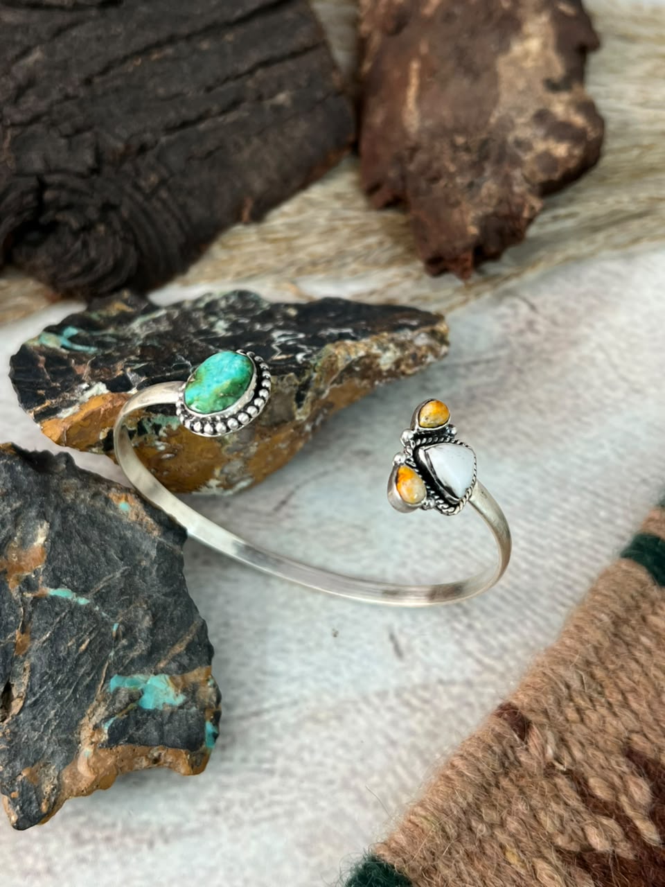 Handmade Sterling Silver Sonoran Mountain Turquoise with Bumblebee and White Buffalo Spring Collection: Cuff Bracelet Signed Nizhoni