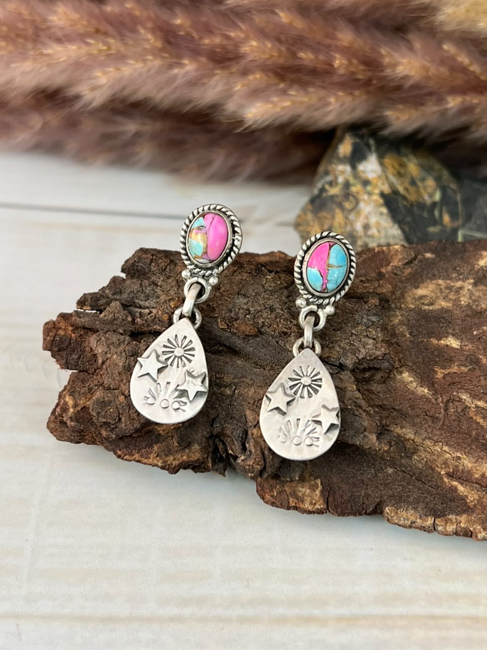 Handmade Sterling Silver Cotton Candy Post Dangle Earrings Signed Nizhoni