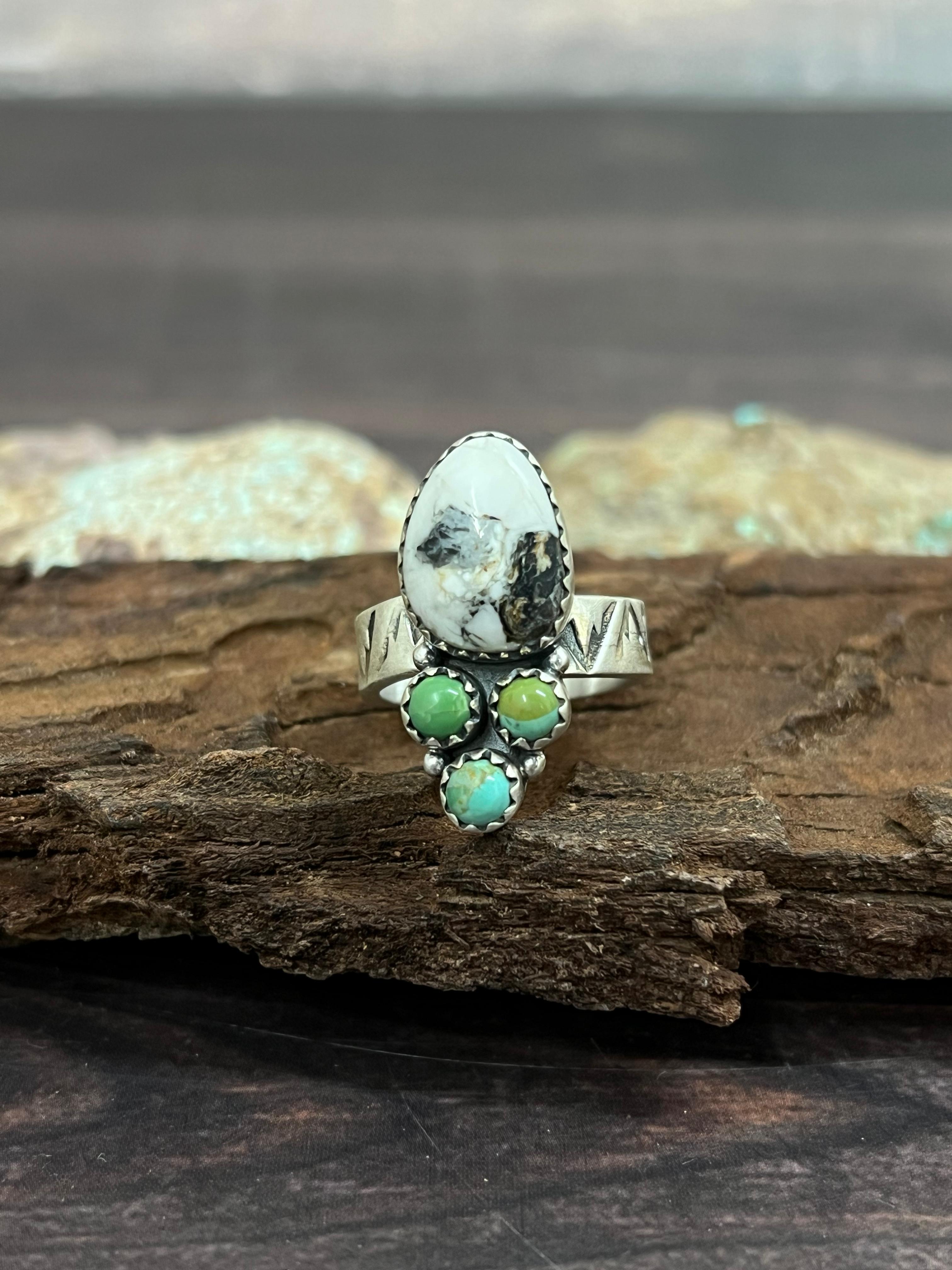 Handmade Sterling Silver Kingman with White Buffalo Turquoise Adjustable Ring with Signed Nizhoni