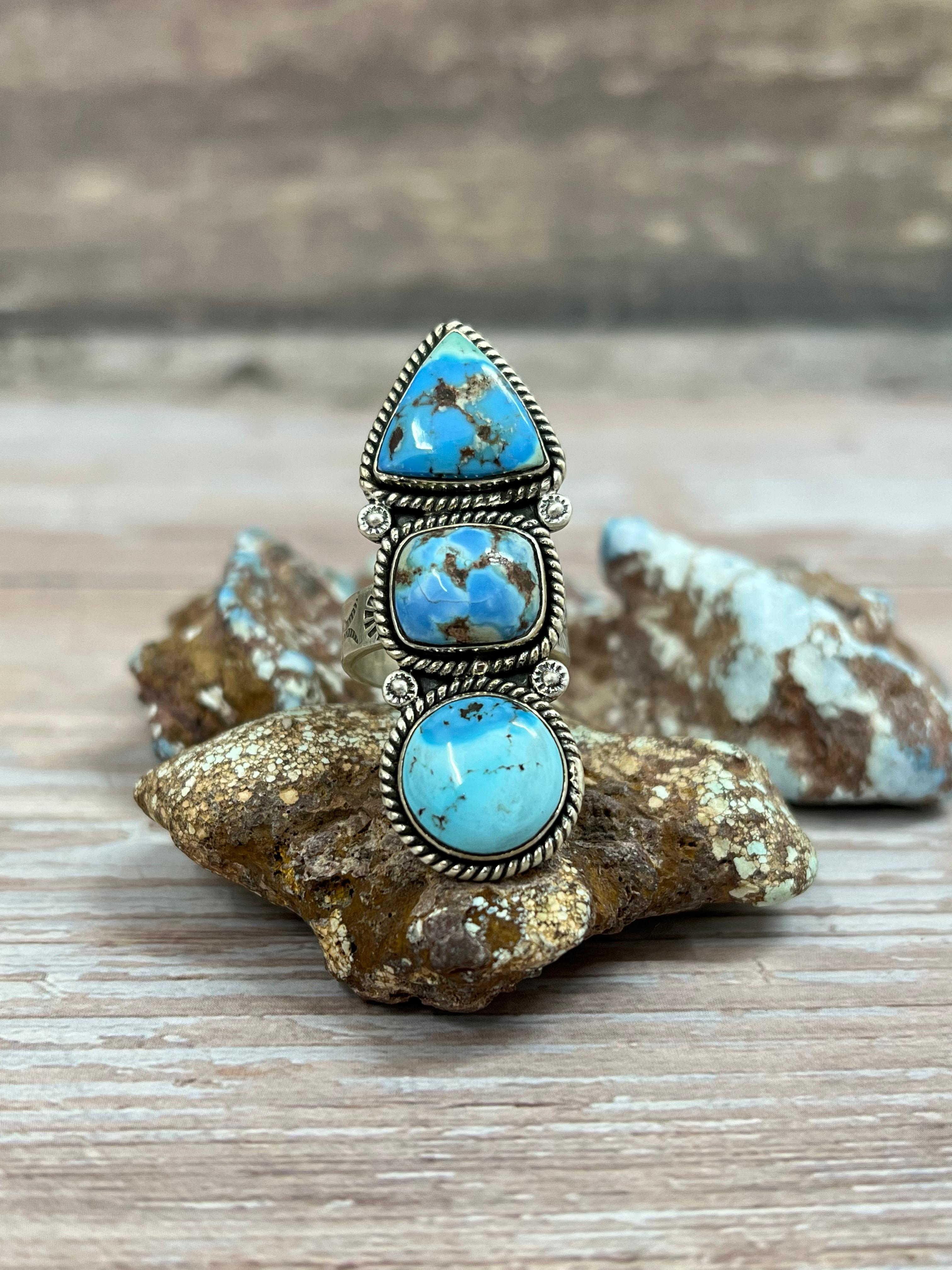 Handmade Sterling Silver Golden Hills Turquoise Adjustable Ring With Signed Nizhoni