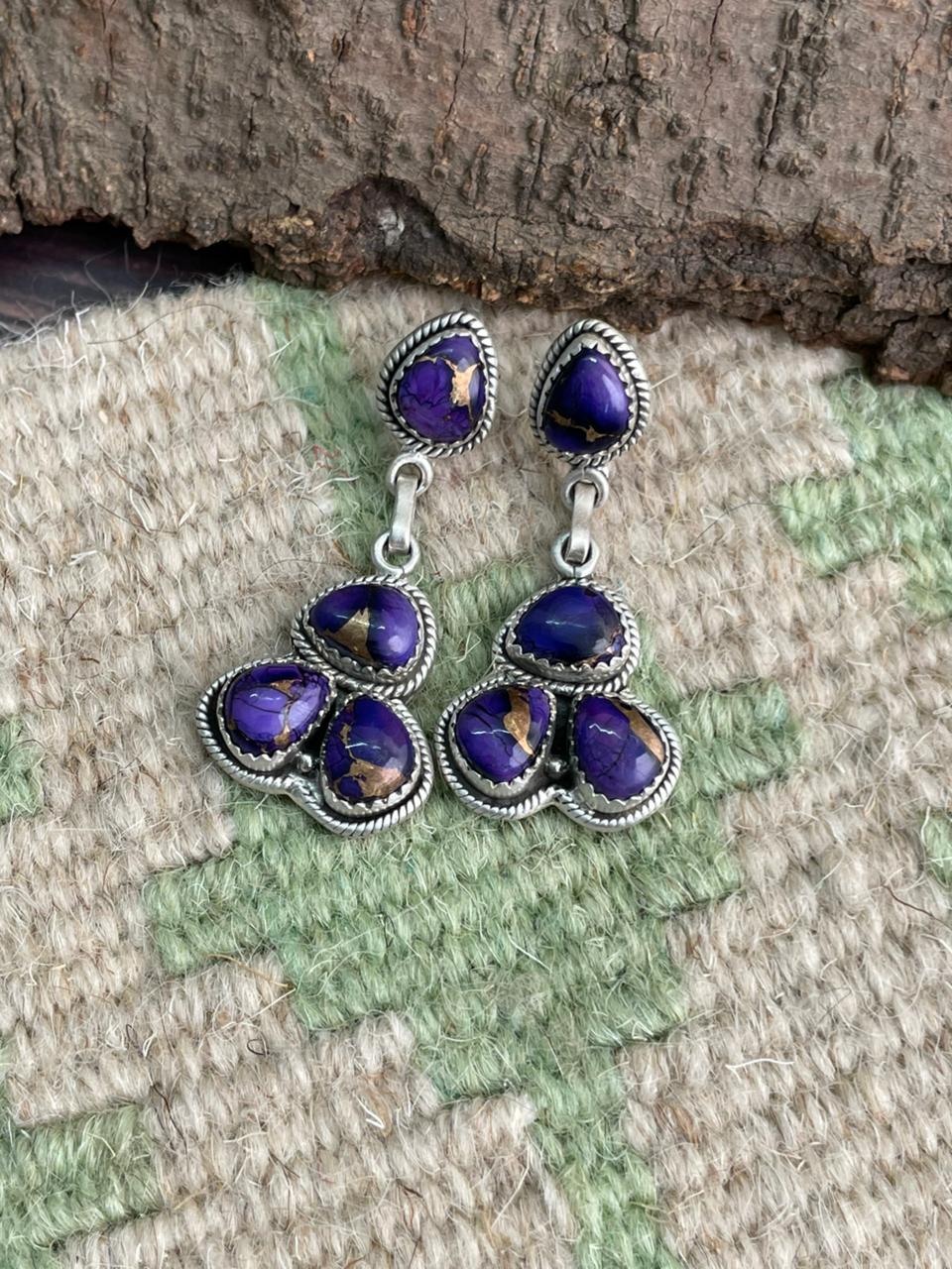 Handmade Sterling Silver Grape Dahlia Post Dangle Earrings "Signed Nizhoni"