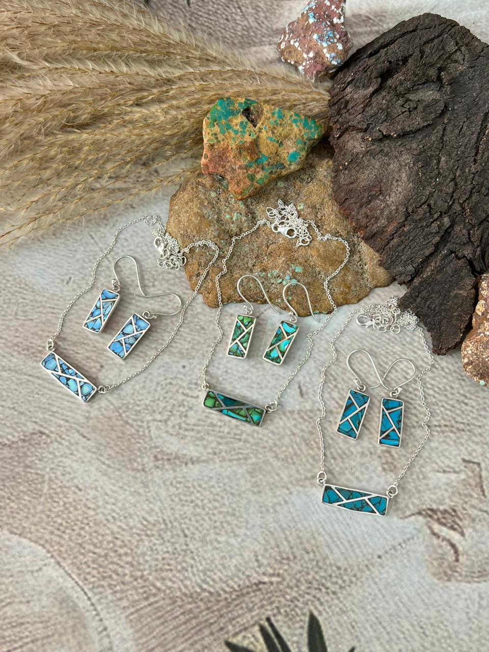 Handmade Sterling Silver Multi Stone INLAY Necklace Earrings Set "Signed Nizhoni"