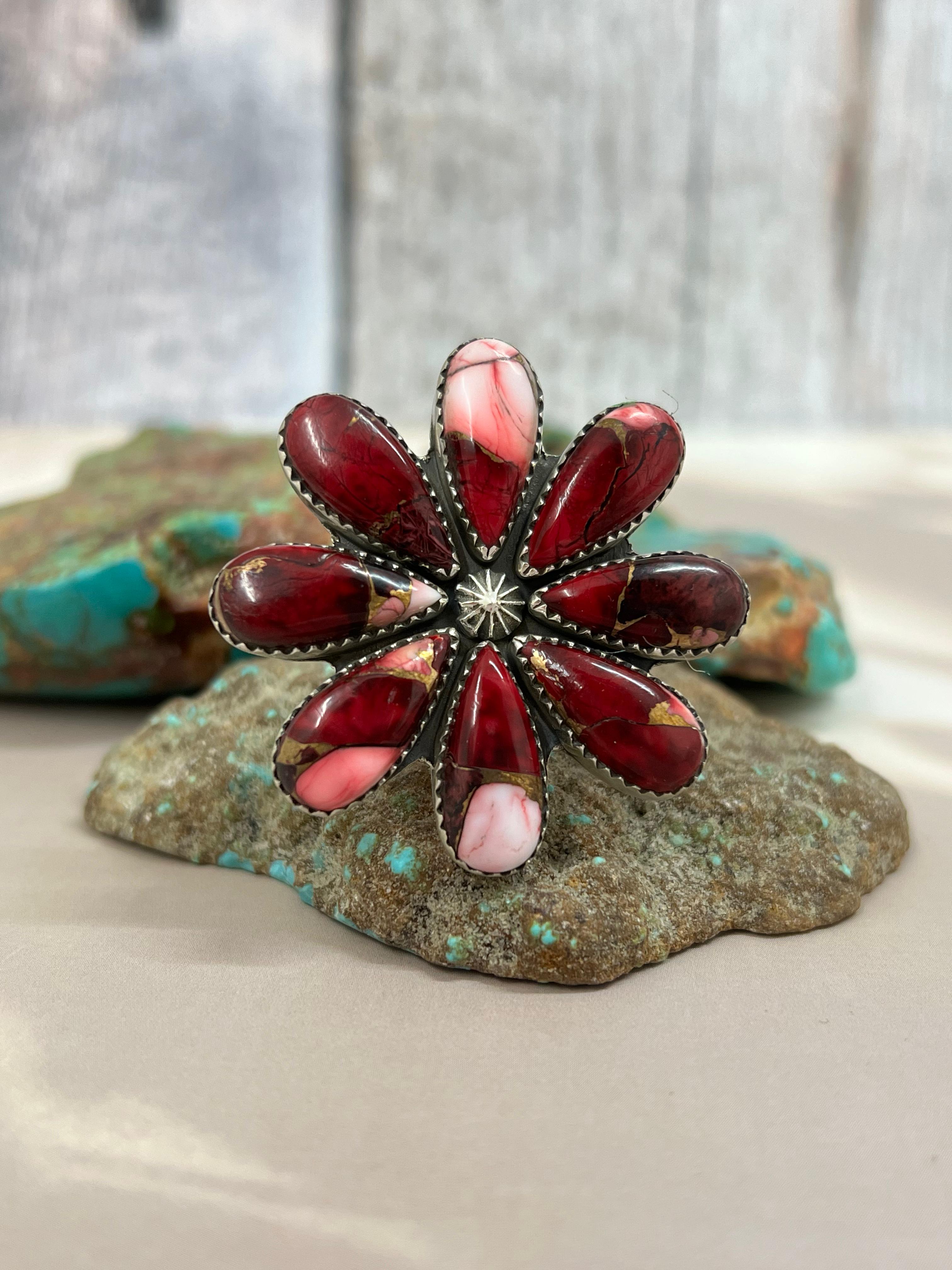 Handmade Sterling Silver Dahlia Rose Adjustable Ring with Signed Nizhoni