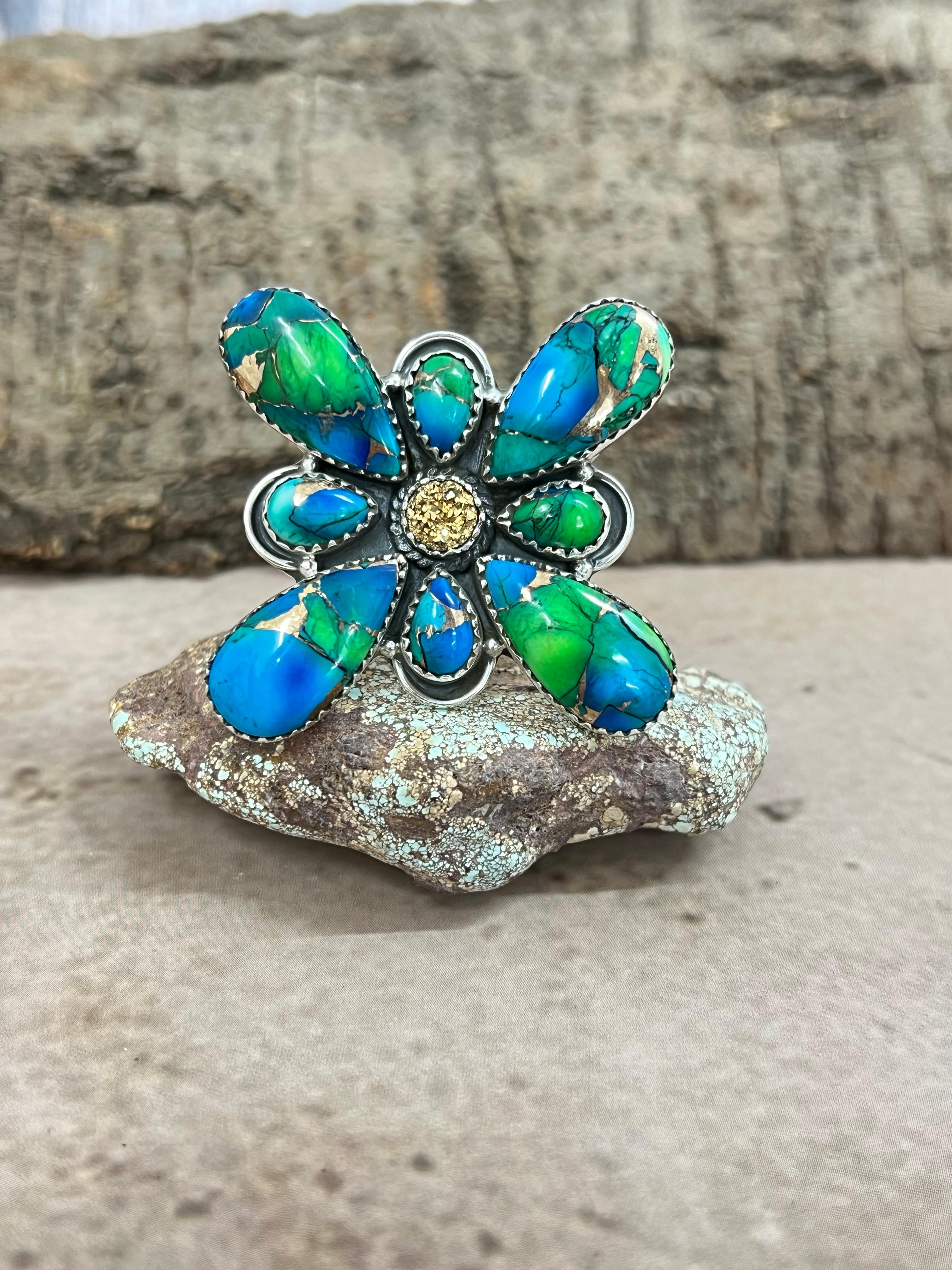 Handmade Sterling Silver Peacock Dahlia with Druzy Adjustable Ring with Signed Nizhoni
