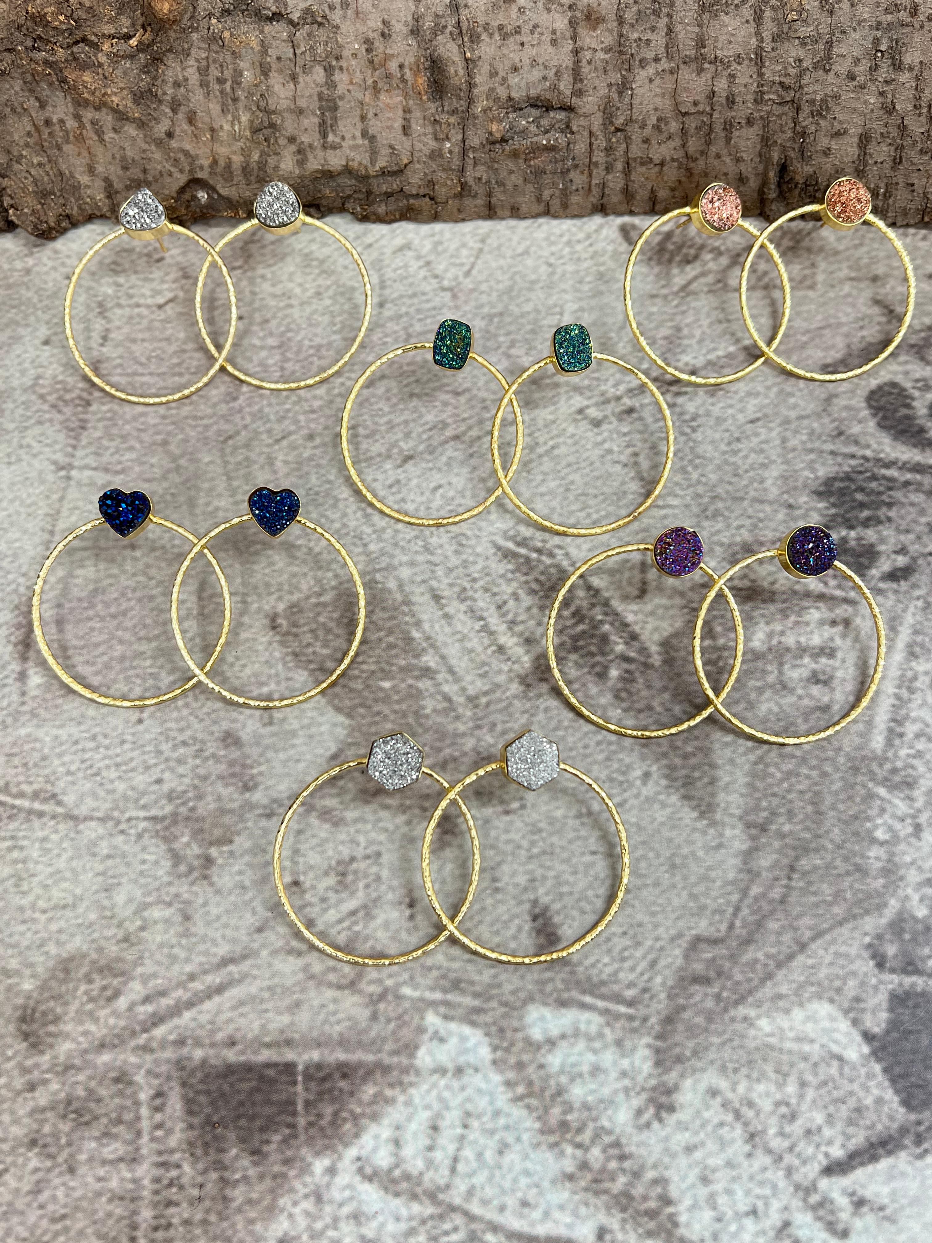 “The Boho Collection” Handmade Natural Druzy Hoop Earrings 5 Styles