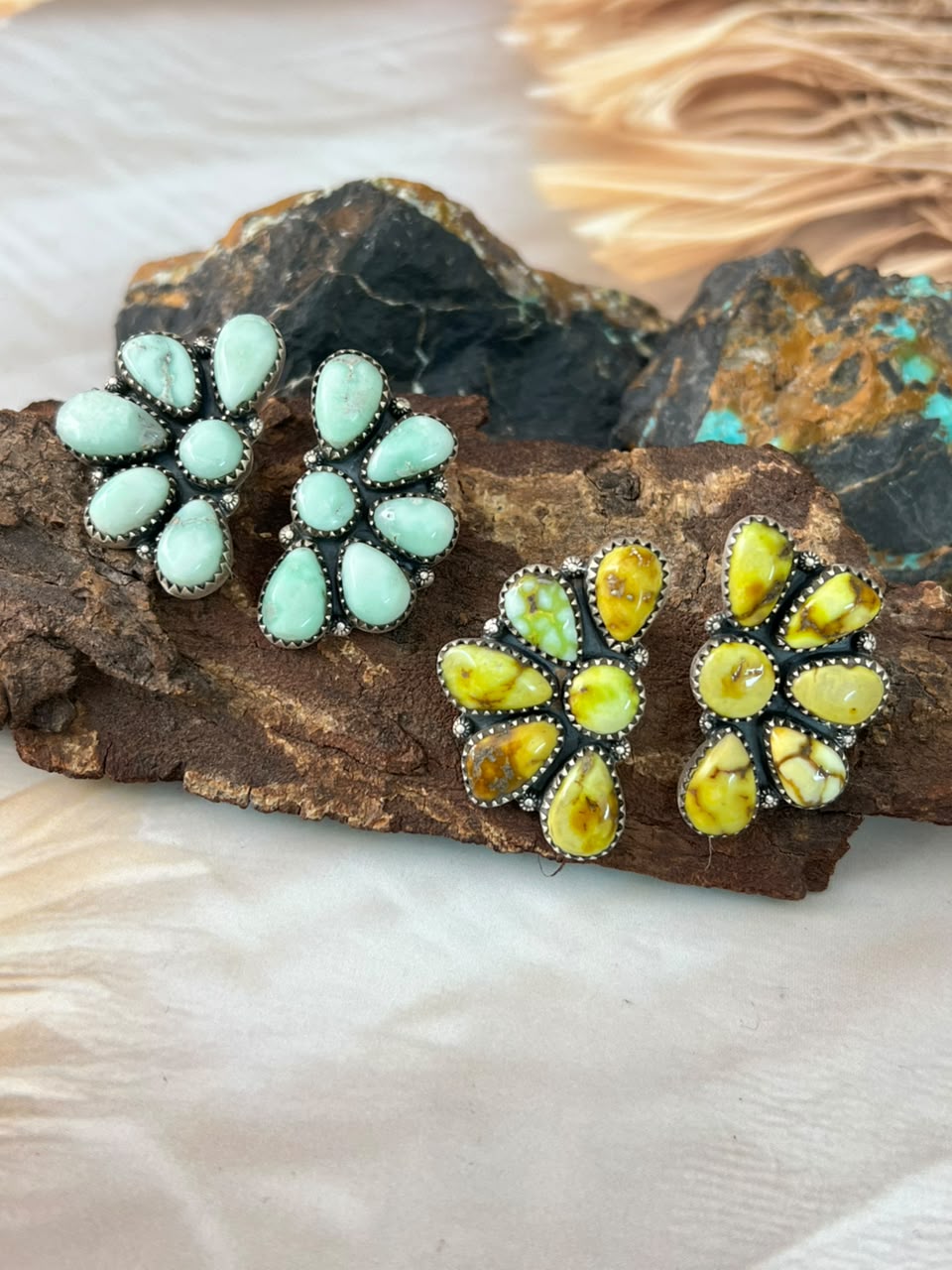 Handmade Sterling Silver Paloma and Palomino Turquoise Post Studs Earrings Signed Nizhoni
