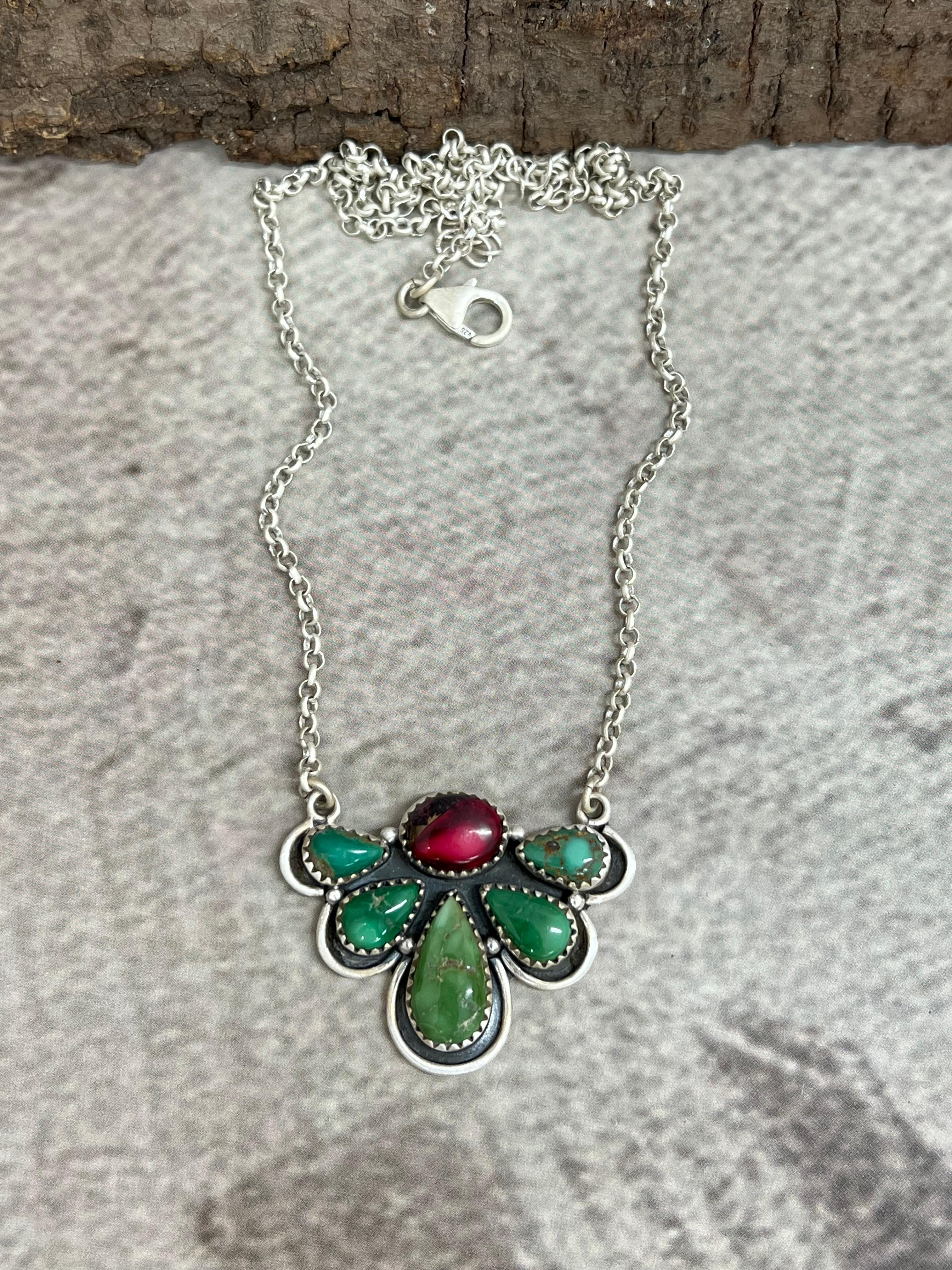 Handmade Sterling Silver Emerald Valley with Dahlia Rose Necklace with Signed Nizhoni