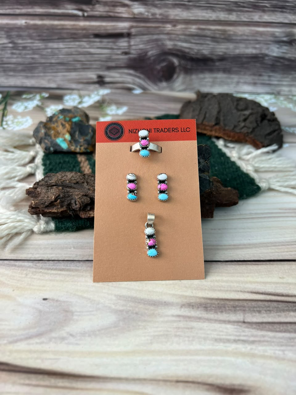 Handmade Sterling Silver Cotton Candy Ring Earrings and Pendant Card Set (2)