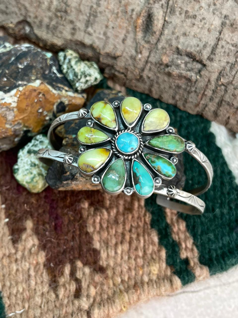 Handmade Sterling Silver White Water with Sonoran and Palomino Cuff Bracelet "Signed Nizhoni"