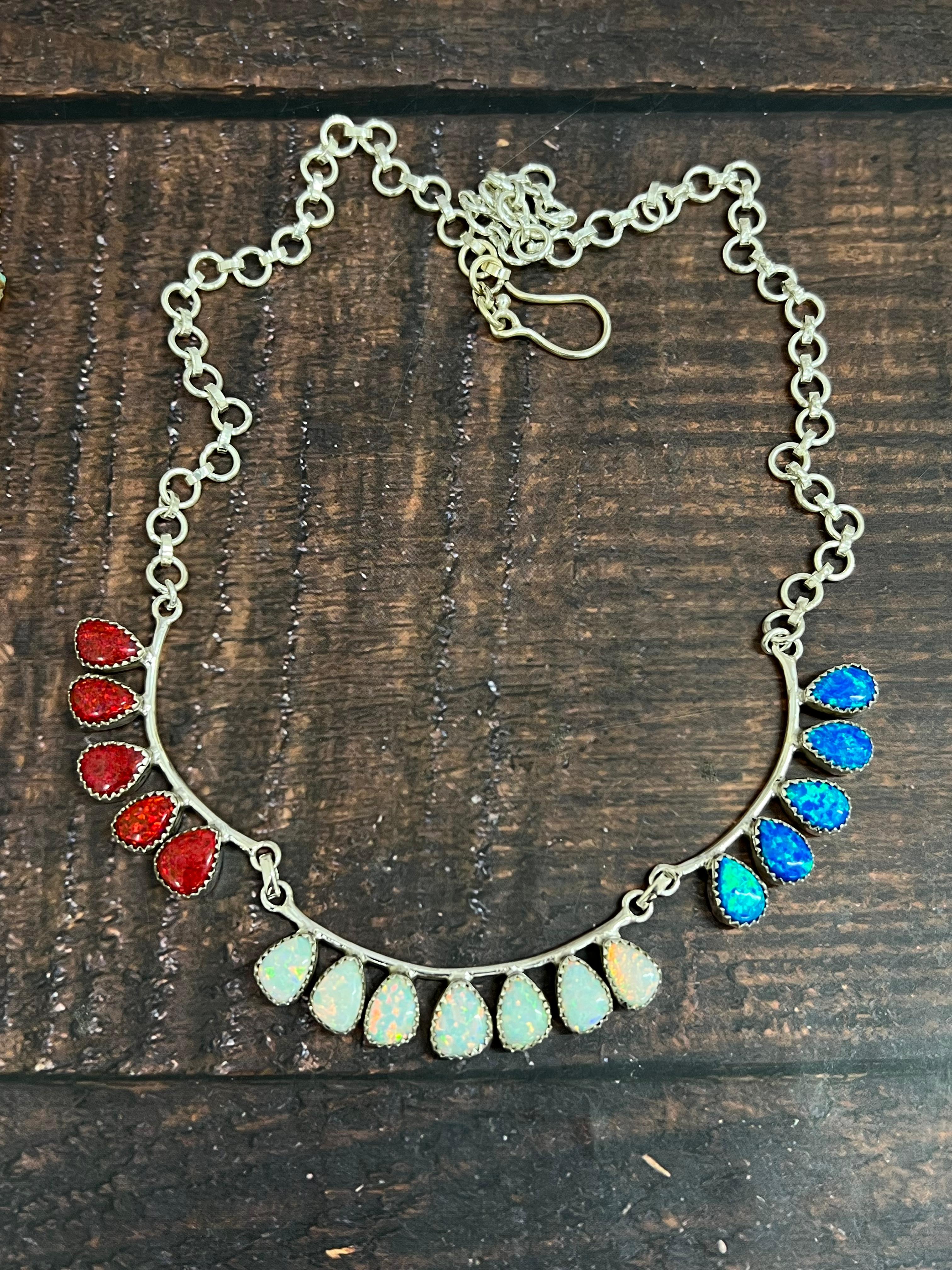 ** 4TH OF JULY ** Handmade Sterling Silver Synthetic Opal Necklace with Signed Nizhoni