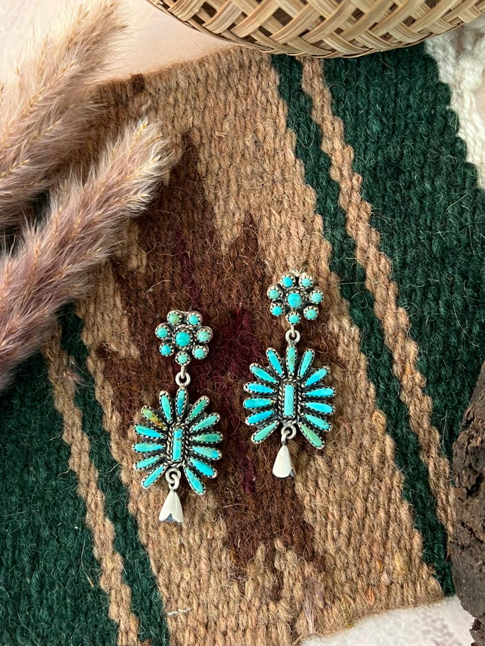 Handmade Sterling Silver Kingman Turquoise Post Dangle Squash Blossom Earrings Signed Nizhoni