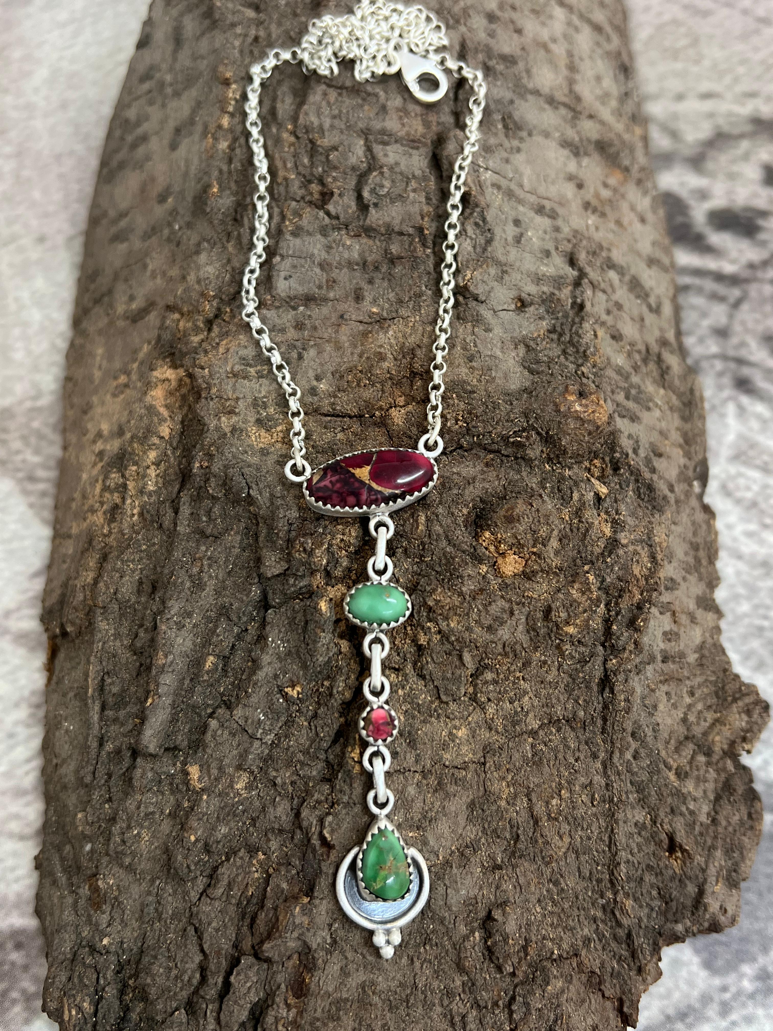 Handmade Sterling Silver Emerald Valley with Dahlia Rose Necklace with Signed Nizhoni