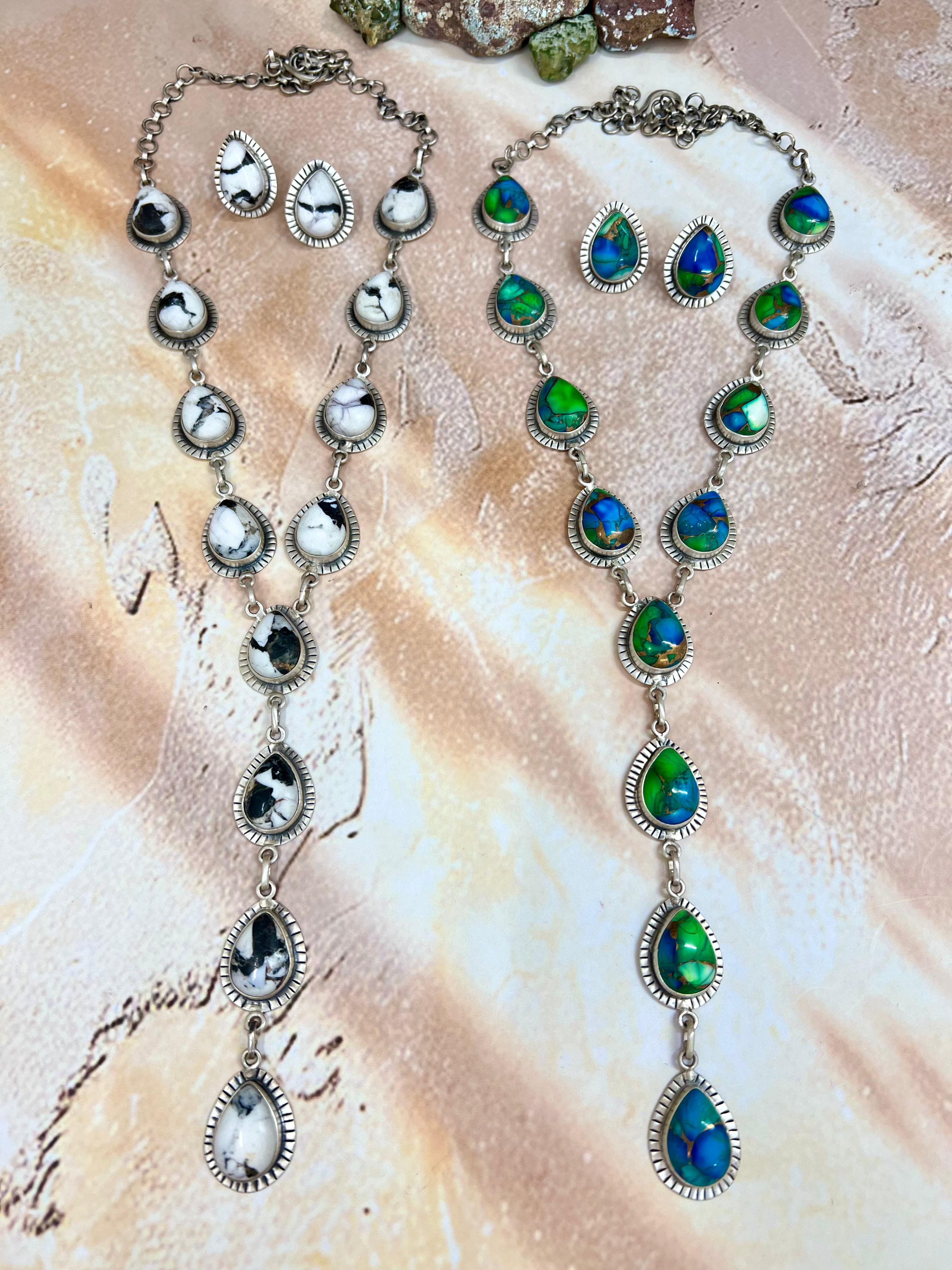 Handmade Sterling Silver White Buffalo Turquoise, Peacock Dahlia Necklace Earrings Set, Signed Nizhoni