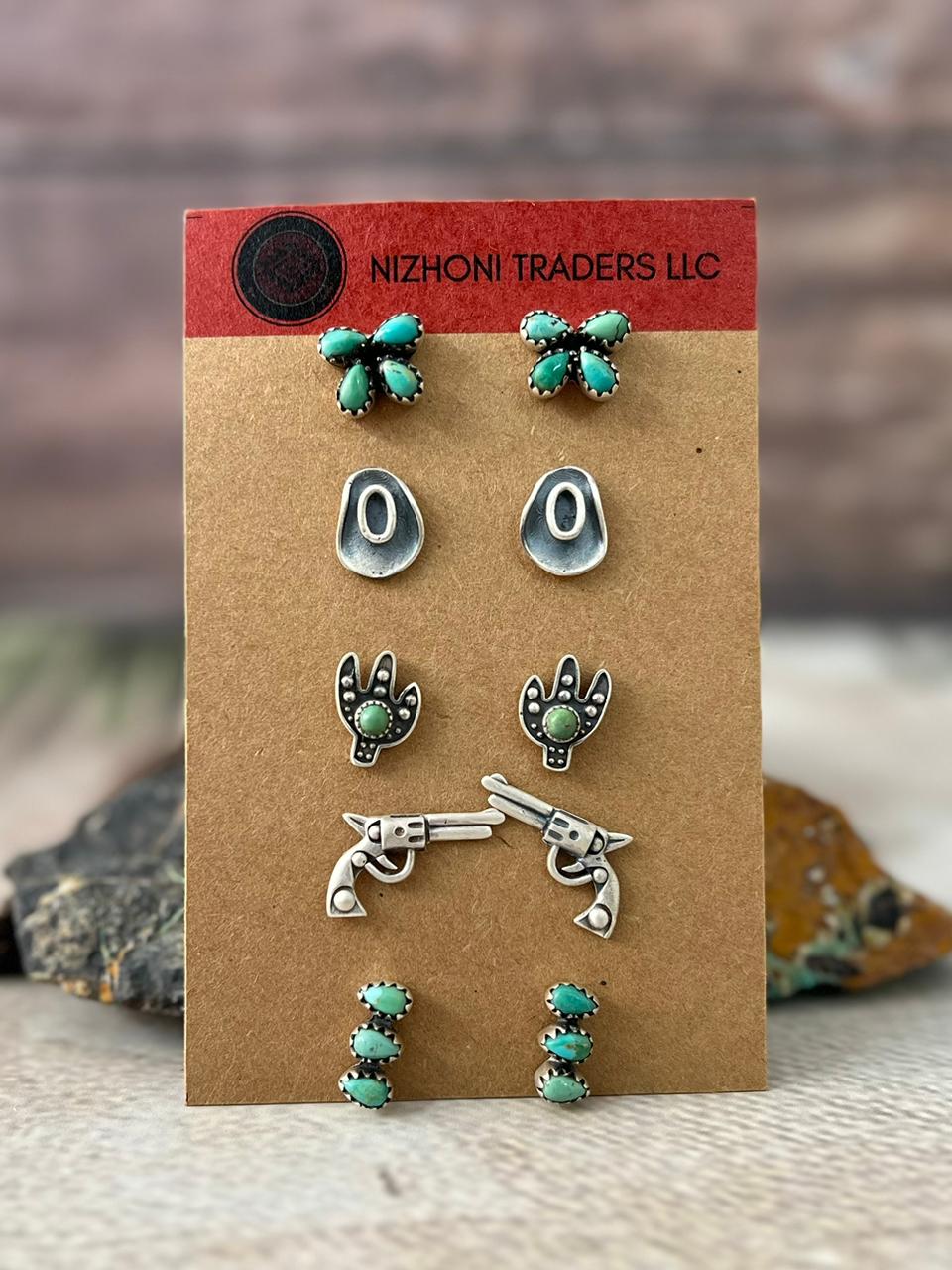 Handmade Sterling Silver Kingman Turquoise Post Studs Earrings Set