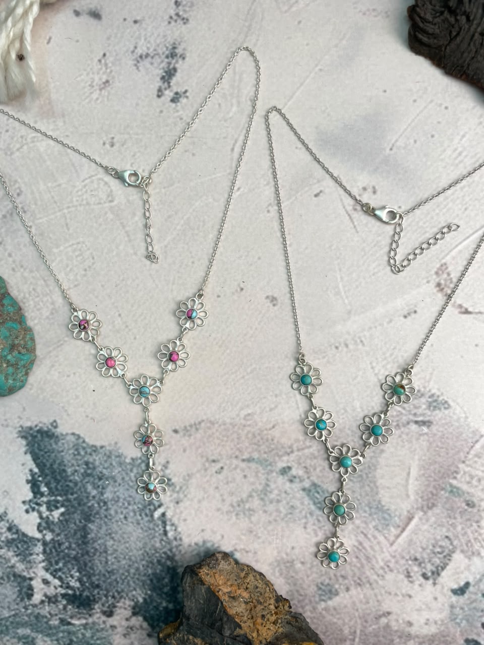 Handmade Sterling Silver Cotton Candy and Kingman Turquoise Flower Collection: Necklace
