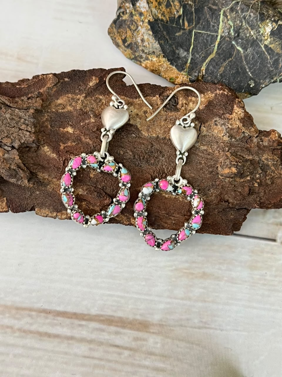 Handmade Sterling Silver Cotton Candy Heart Collection: Hook Dangle Earrings Signed Nizhoni
