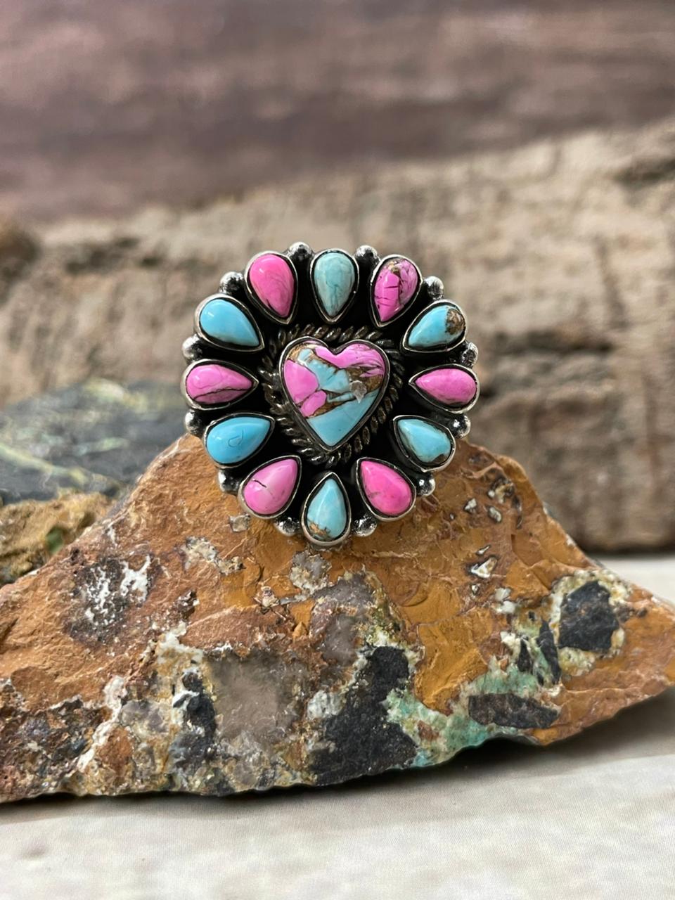 "Heart Collection" Handmade Sterling Silver Cotton Candy Adjustable Ring "Signed Nizhoni"