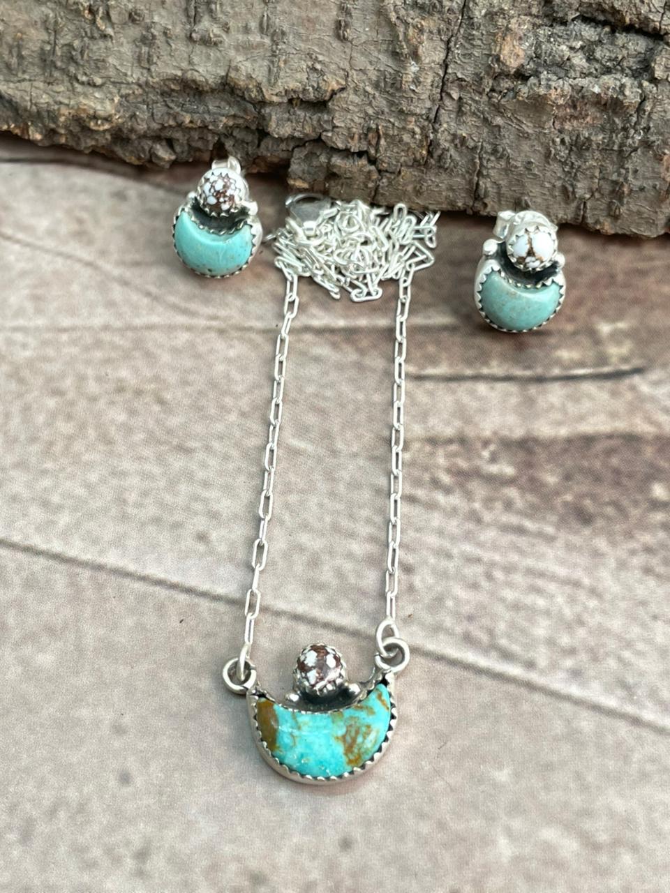 Handmade Sterling Silver Wildhorse Magnesite With Kingman Turquoise Moon Shape Necklace Earrings Set with Signed Nizhoni