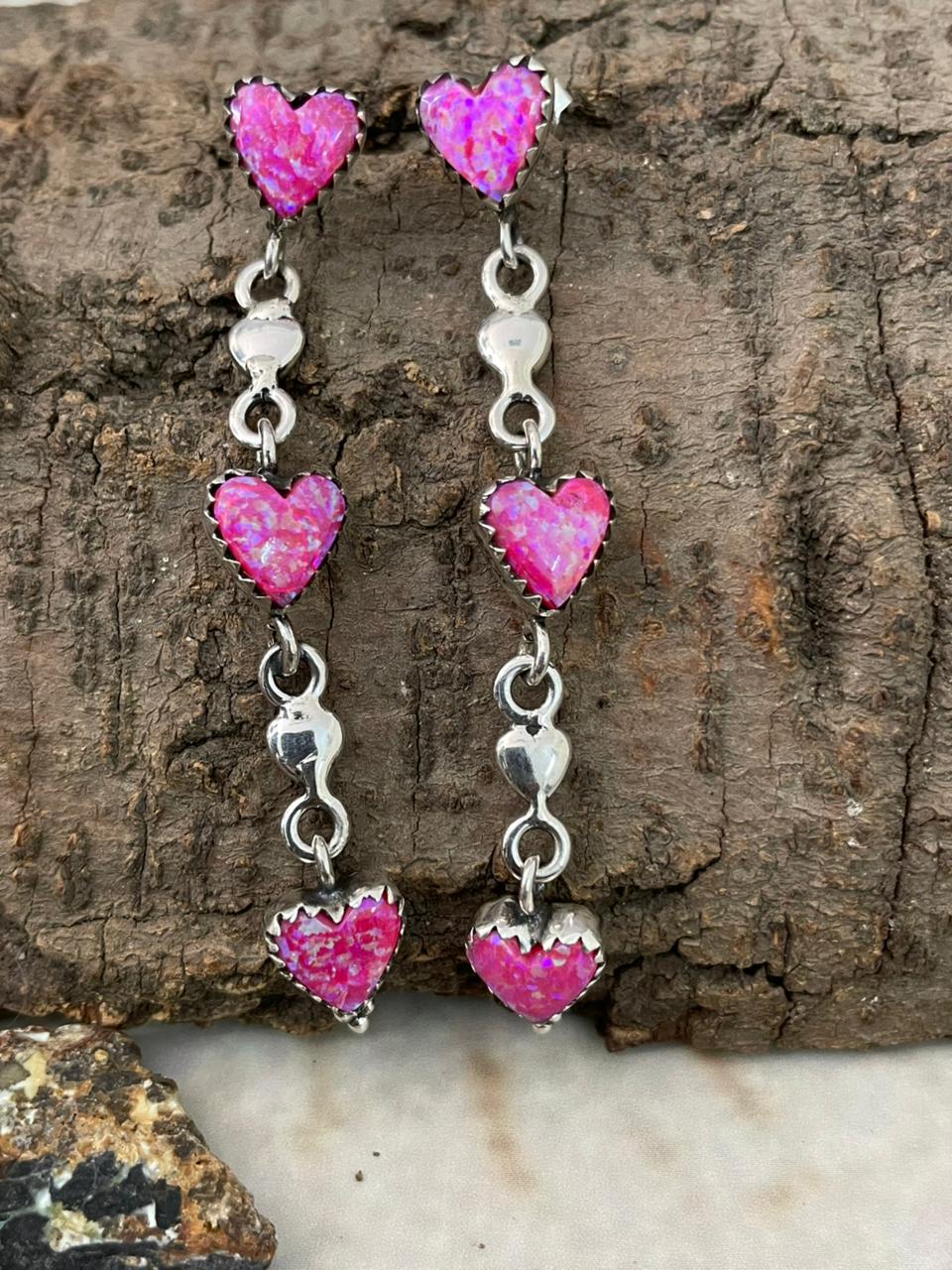 "Heart Collection" Handmade Sterling Silver Hot Pink Post Dangle Earrings "Signed Nizhoni"