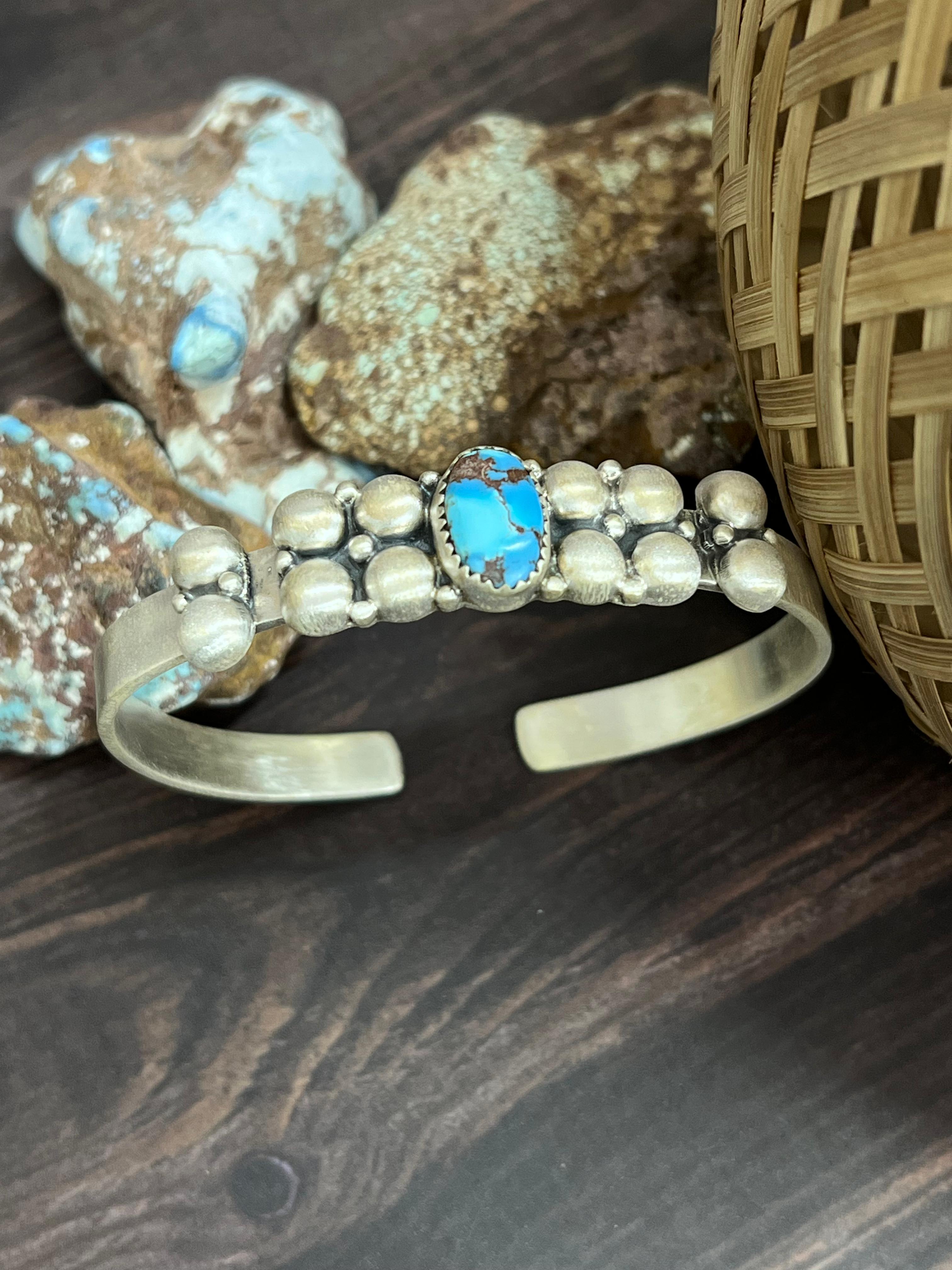 Handmade Sterling Silver Golden Hills Turquoise Cuff Bracelet with Signed Nizhoni
