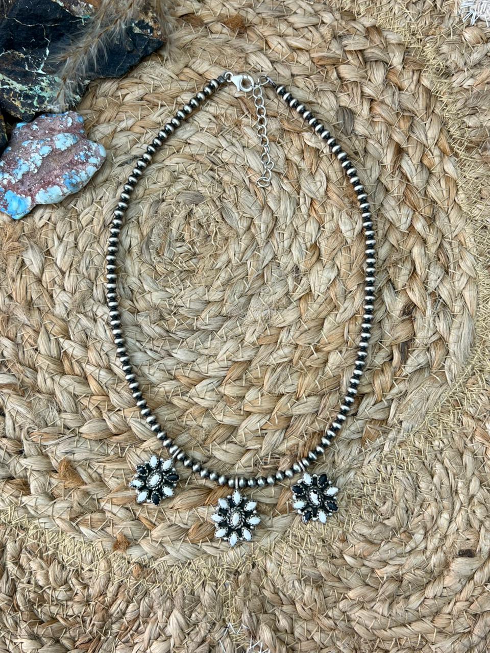 Handmade Sterling Silver White Buffalo Beaded Necklace "Signed Nizhoni"