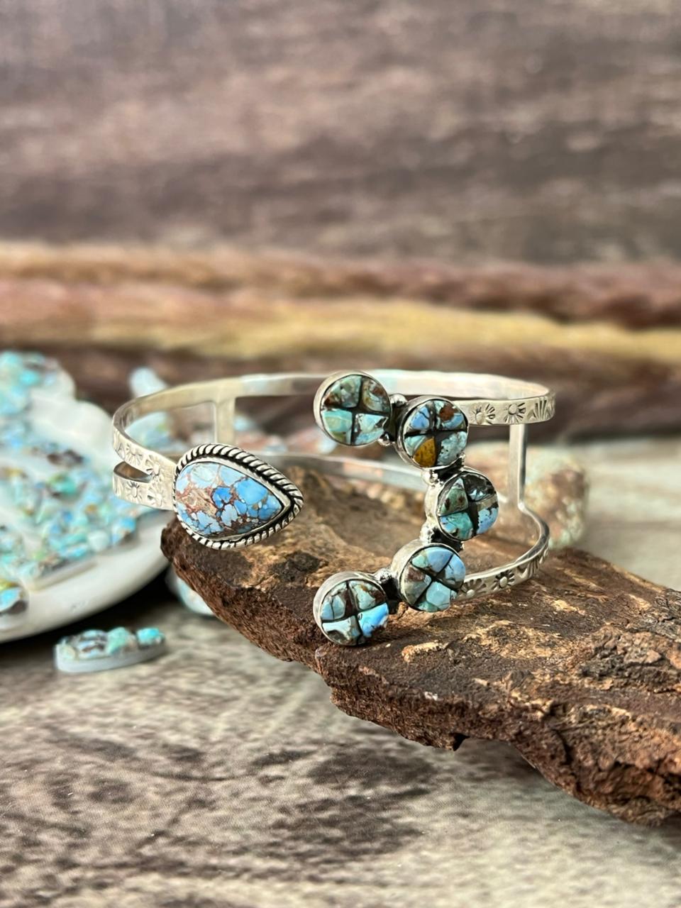 Handmade Sterling Silver Golden Hills Turquoise Cobble Collection Bracelet "Signed Nizhoni"