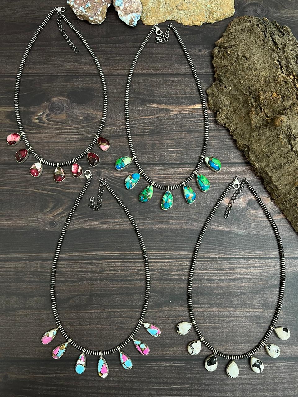 Handmade Sterling Silver Multi Stone Beaded Necklace with Signed Nizhoni