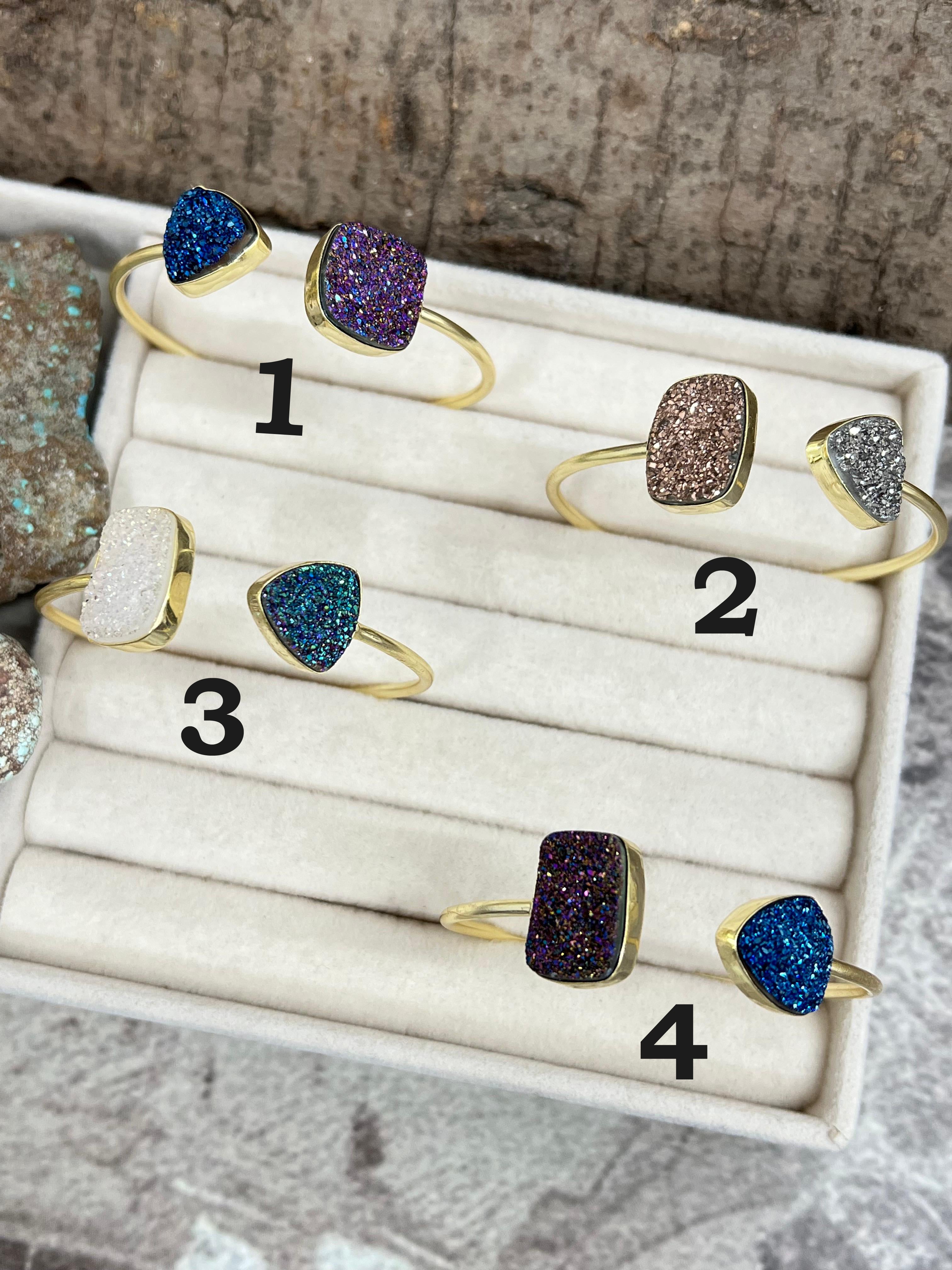 “The Boho Collection” Handmade Natural Gold Plated 2 Stone Druzy Cuff Bracelet