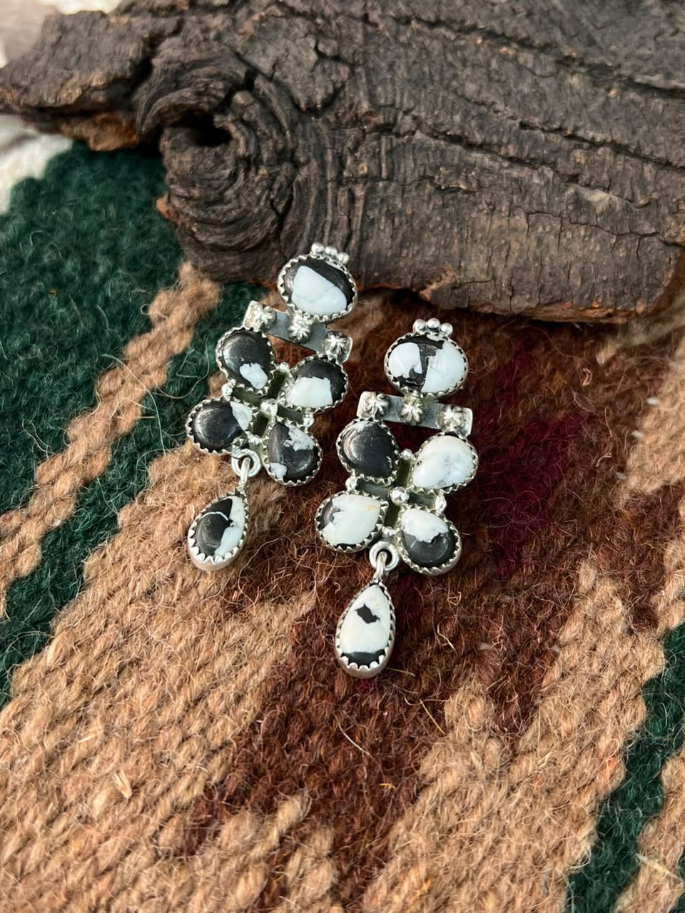 Handmade Sterling Silver White Buffalo Post Dangle Earrings Signed Nizhoni