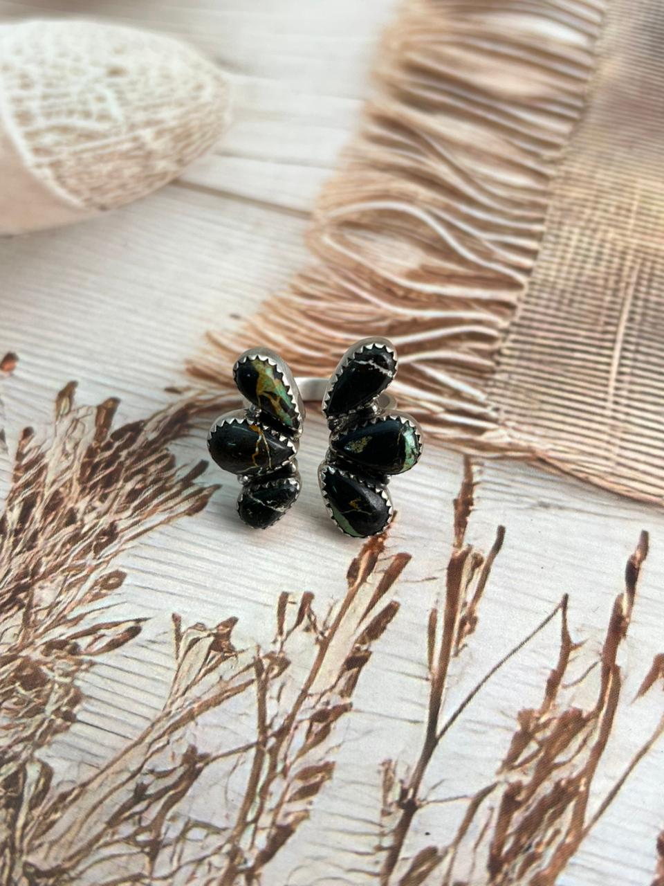 Handmade Sterling Silver Blackjack Turquoise Adjustable Ring "Signed Nizhoni"