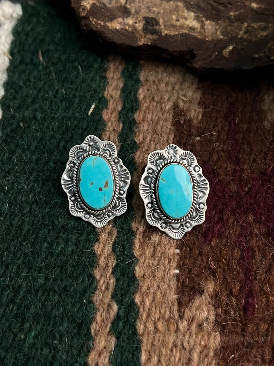 Handmade Sterling Silver Green Kingman Turquoise Post Studs Earrings Signed Nizhoni