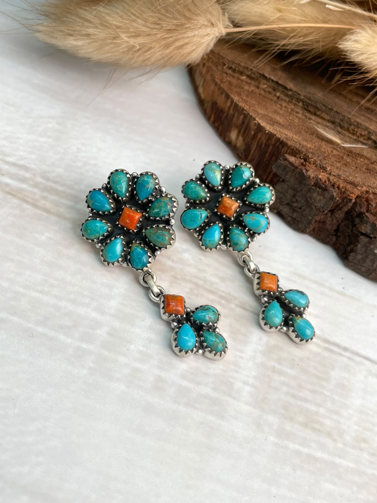 Handmade Sterling Silver Orange Mojave with Kingman Turquoise Post Dangle Earrings Signed Nizhoni