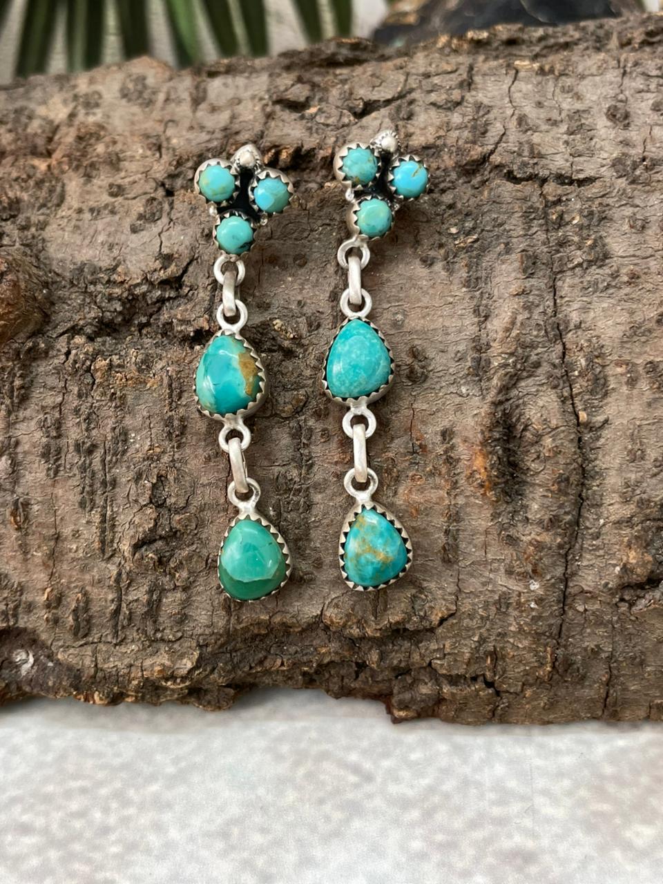 Handmade Sterling Silver Kingman Turquoise Post Dangle Earrings "Signed Nizhoni"
