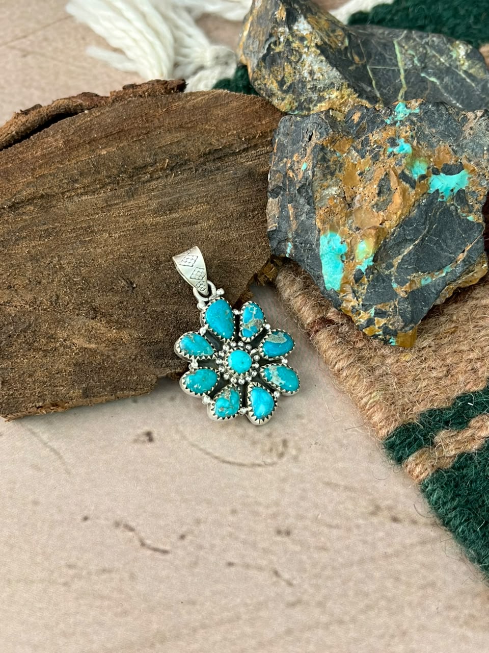 Handmade Sterling Silver White Water Turquoise Pendant Signed Nizhoni