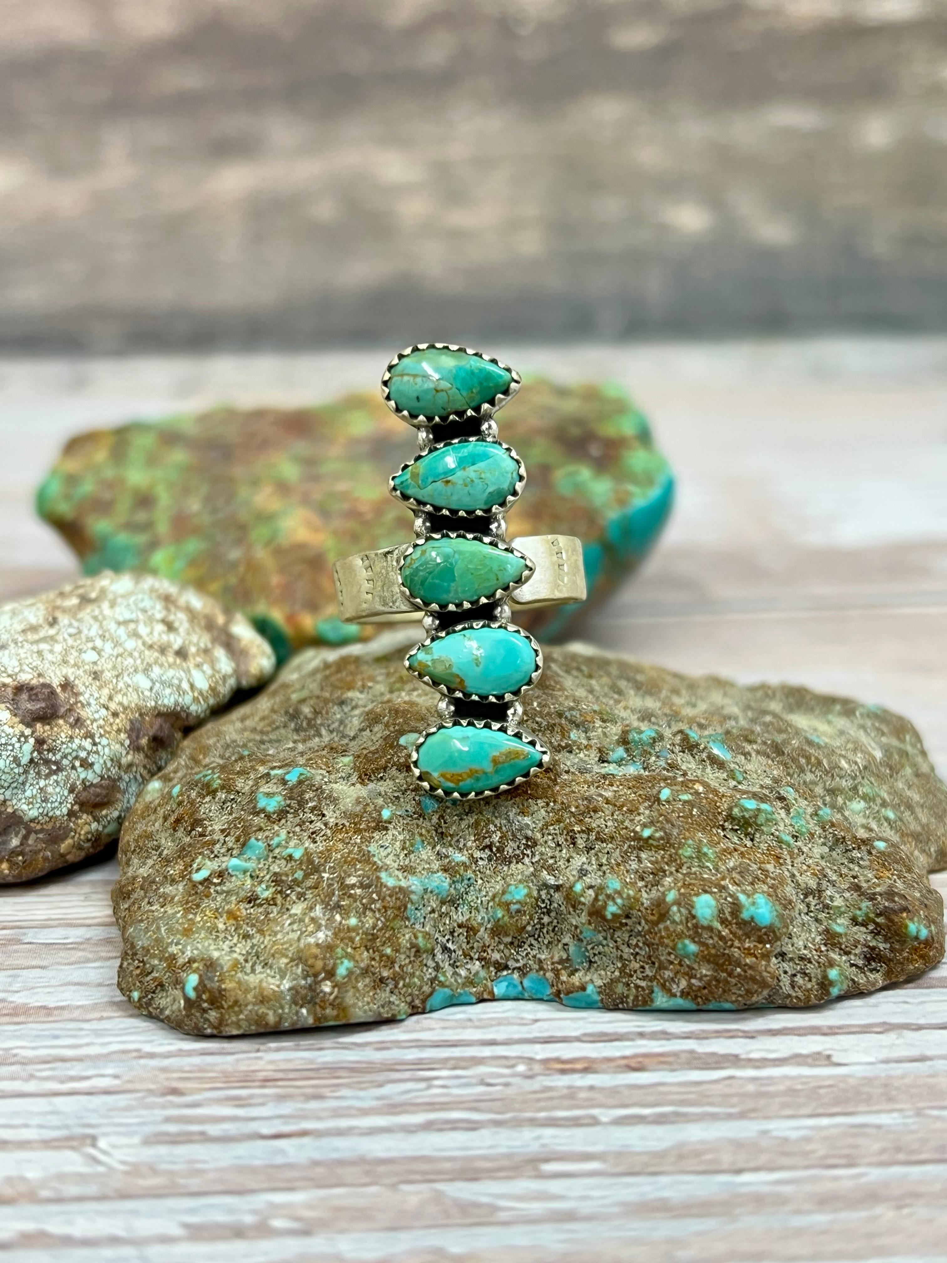 Handmade Sterling Silver Kingman Turquoise Adjustable Ring with Signed Nizhoni