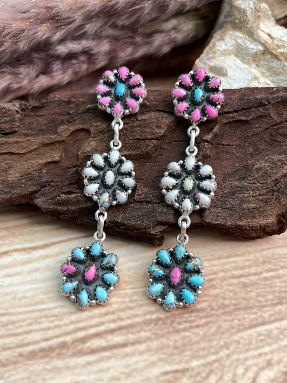 Handmade Sterling Silver Cotton Candy Post Dangle Earrings Signed Nizhoni