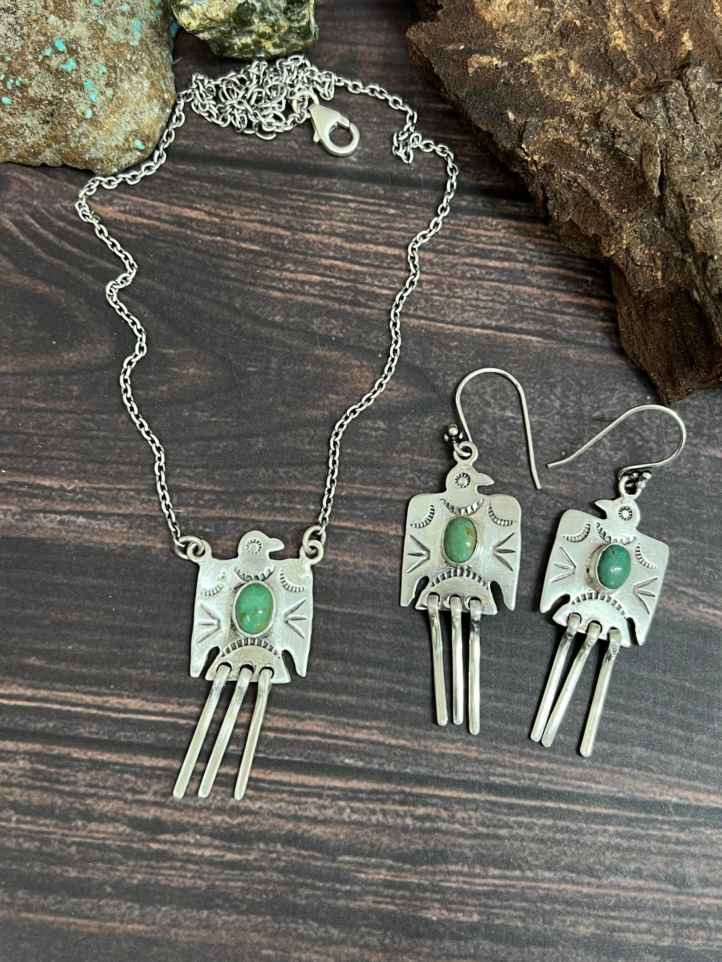 Handmade Sterling Silver Kingman Turquoise Necklace Earrings Set with Signed Nizhoni