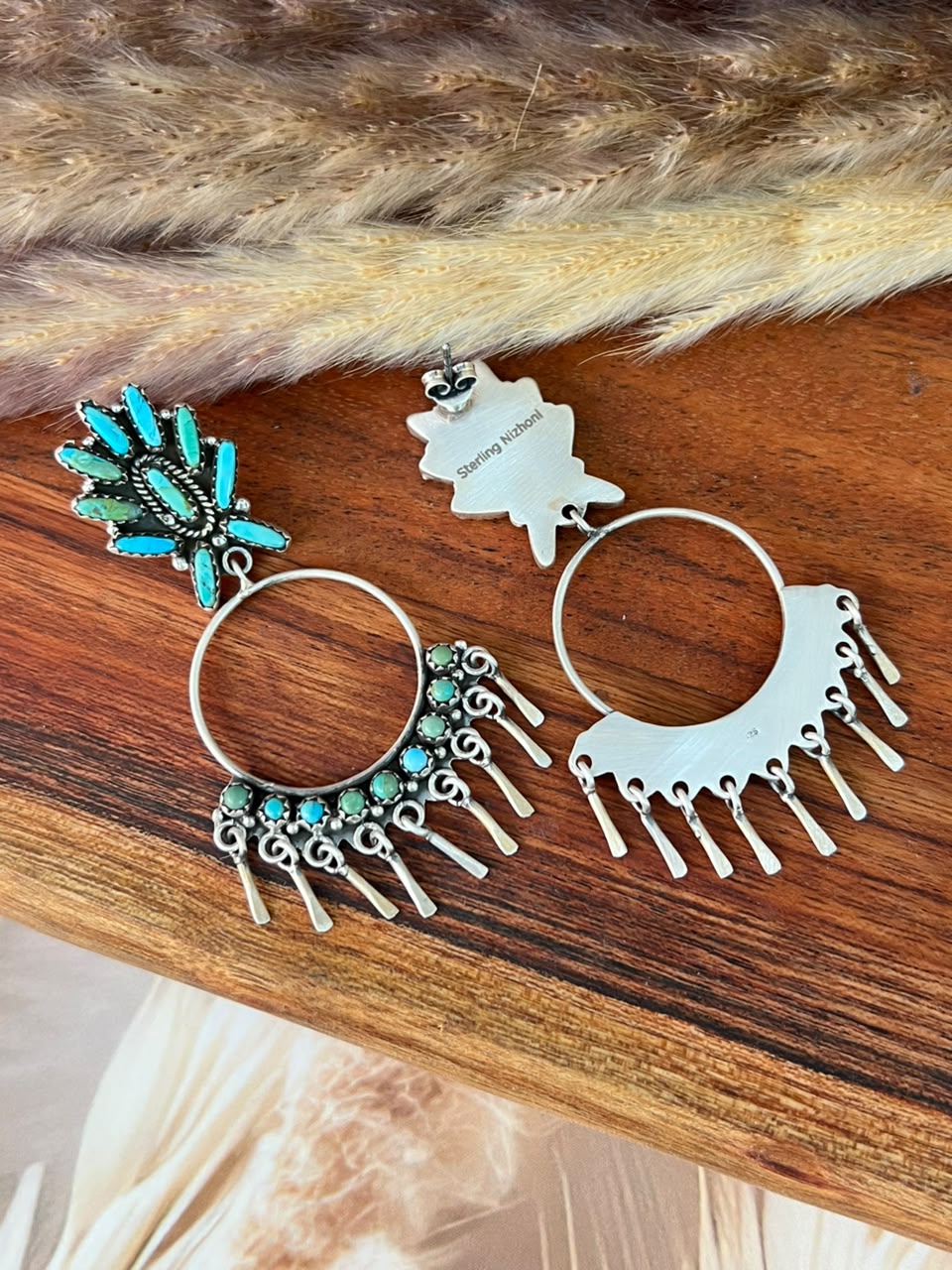 Handmade Sterling Silver Kingman Turquoise Post Dangle Earrings Signed Nizhoni