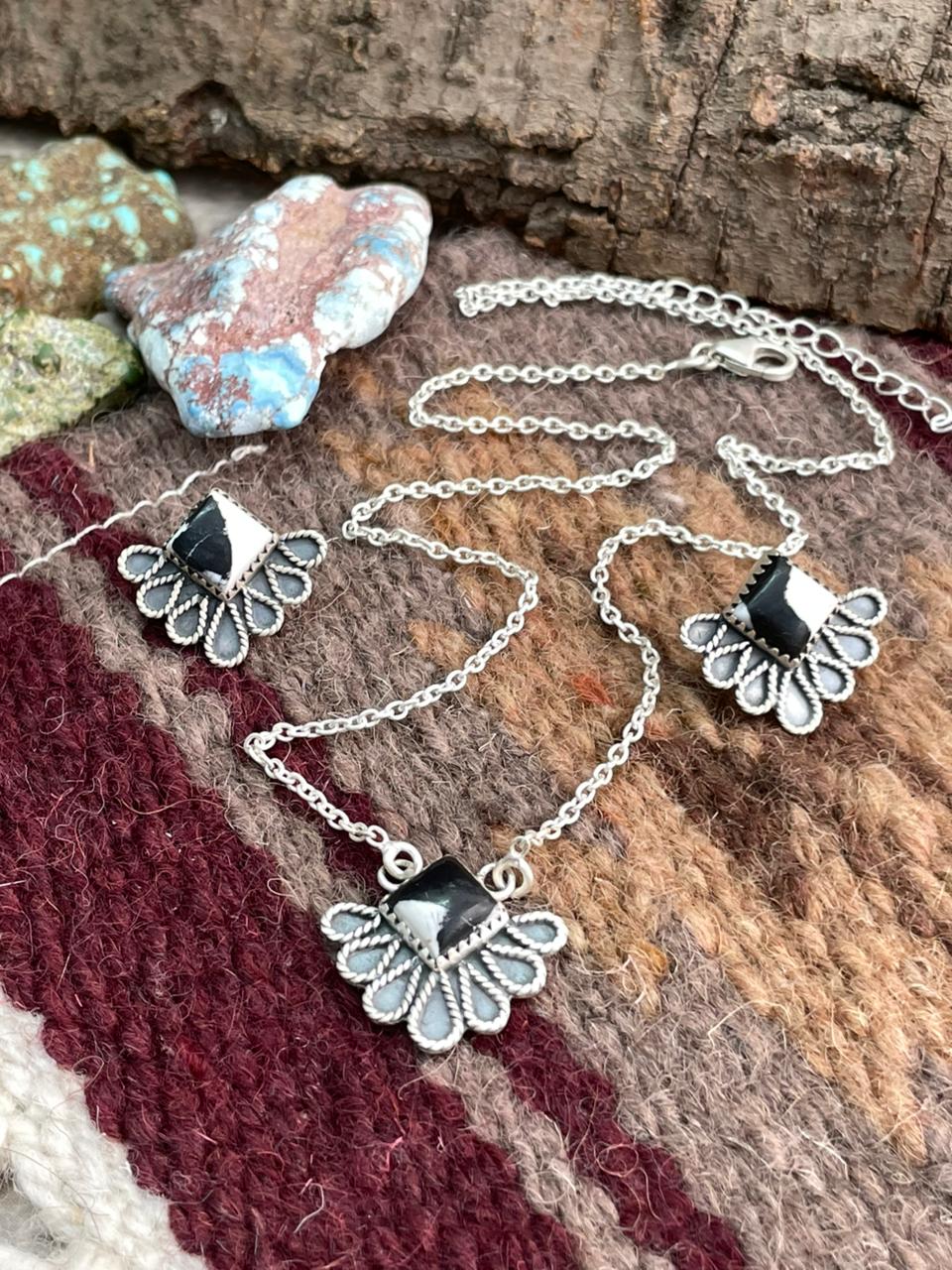 Handmade Sterling Silver White Buffalo Necklace Earrings Set "Signed Nizhoni"