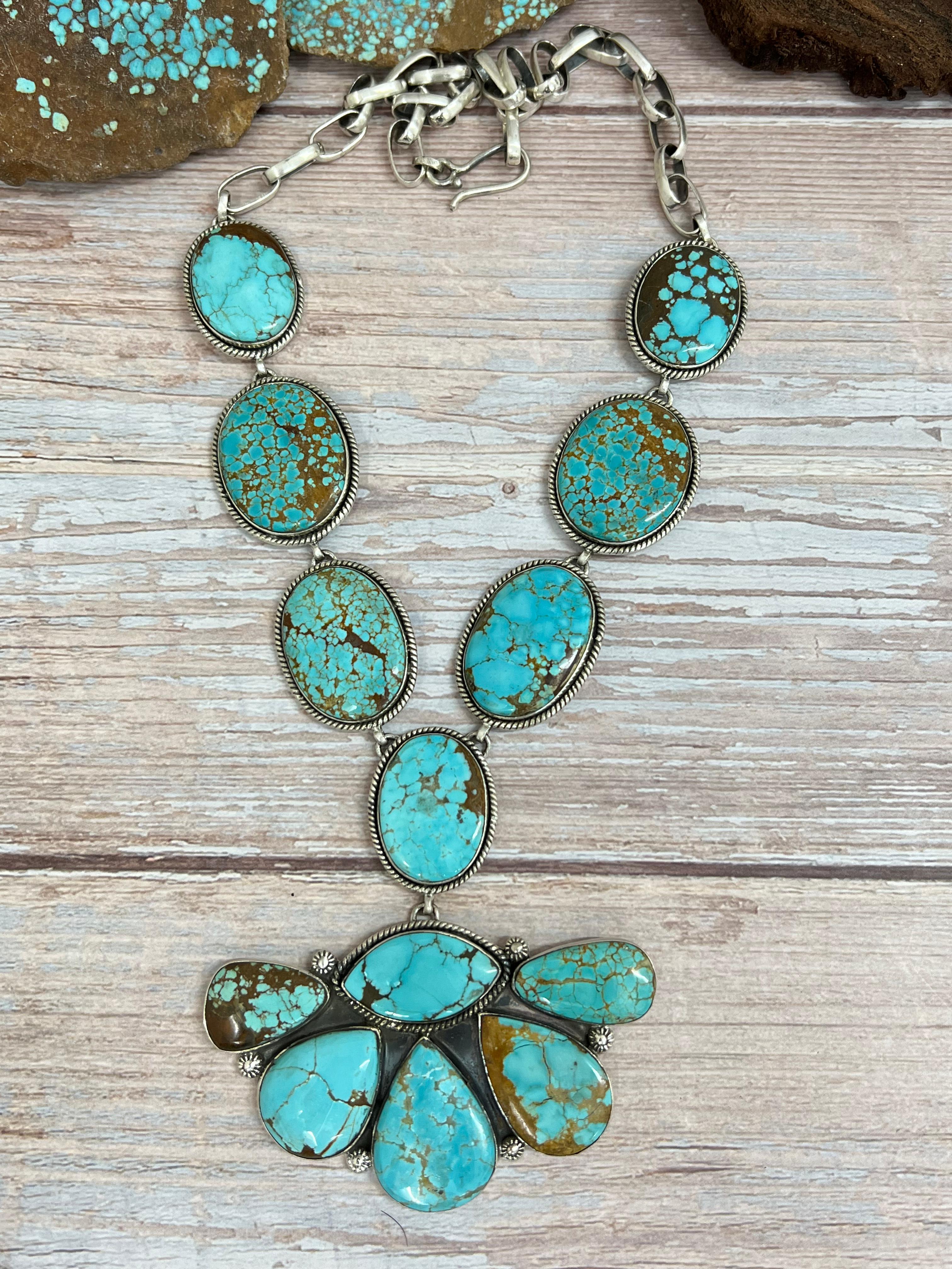 Handmade Sterling Silver Number 8 Turquoise Necklace with Signed Nizhoni