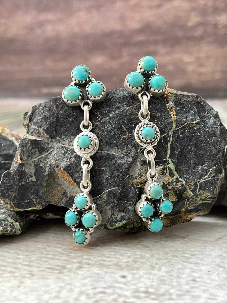 Handmade Sterling Silver Kingman Turquoise Post Dangle Earrings "Signed Nizhoni"