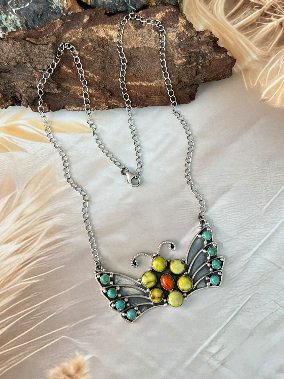 Handmade Sterling Silver Palomino with Kingman Turquoise and Orange Mojave Butterfly Necklace Signed Nizhoni