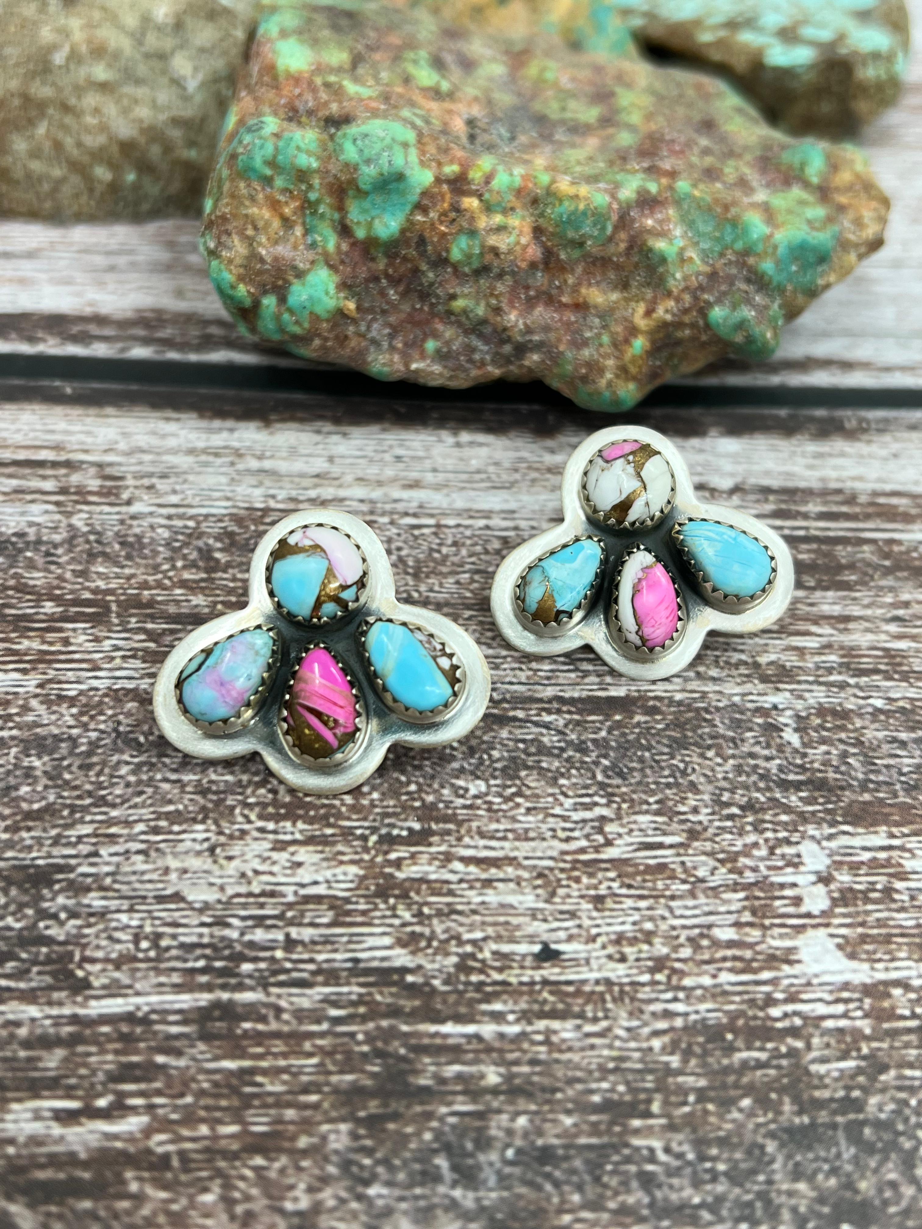 Handmade Sterling Silver Cotton Candy Turquoise Post Earrings with Signed Nizhoni