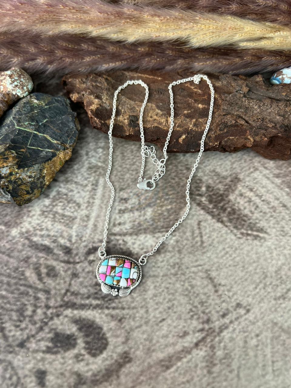 Handmade Sterling Silver Cotton Candy Cobble Stone Necklace "Signed Nizhoni"