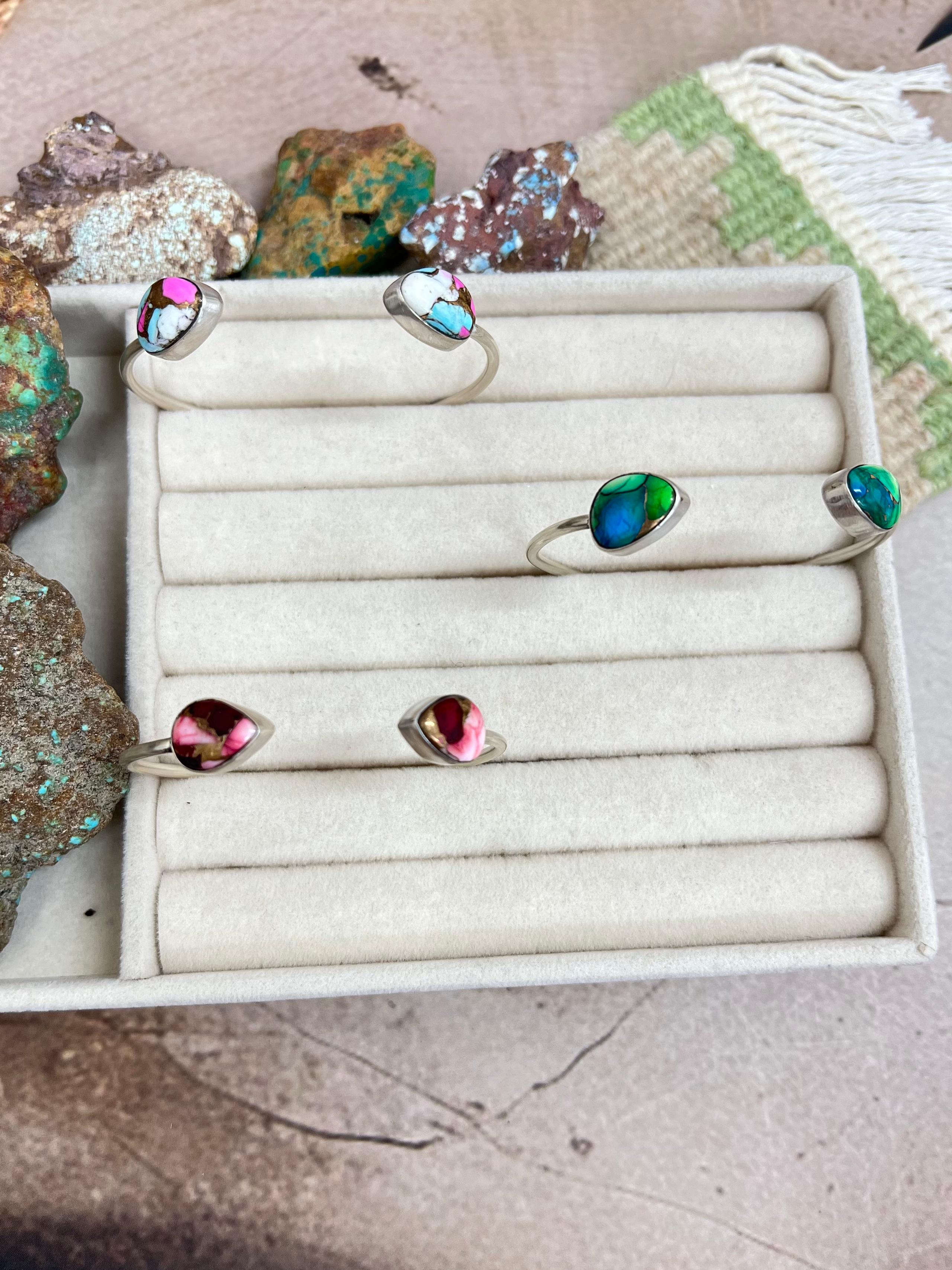 Handmade Sterling Silver Peacock Dahlia, Cotton Candy Turquoise, Dahlia Rose Cuff Bracelet with Signed Nizhoni